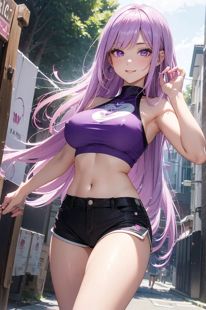 1girl (masterpiece, round_iris, extremely crisp crystalline shiny purple eyes, perfect_anatomy, extremely_captivating_hypnotic_mystic_eyes, ) perfect face, long pink hair, smiling evil, giant breasts, shorts and white top, outside, going for a walk, dynamic pose, best quality, 4k