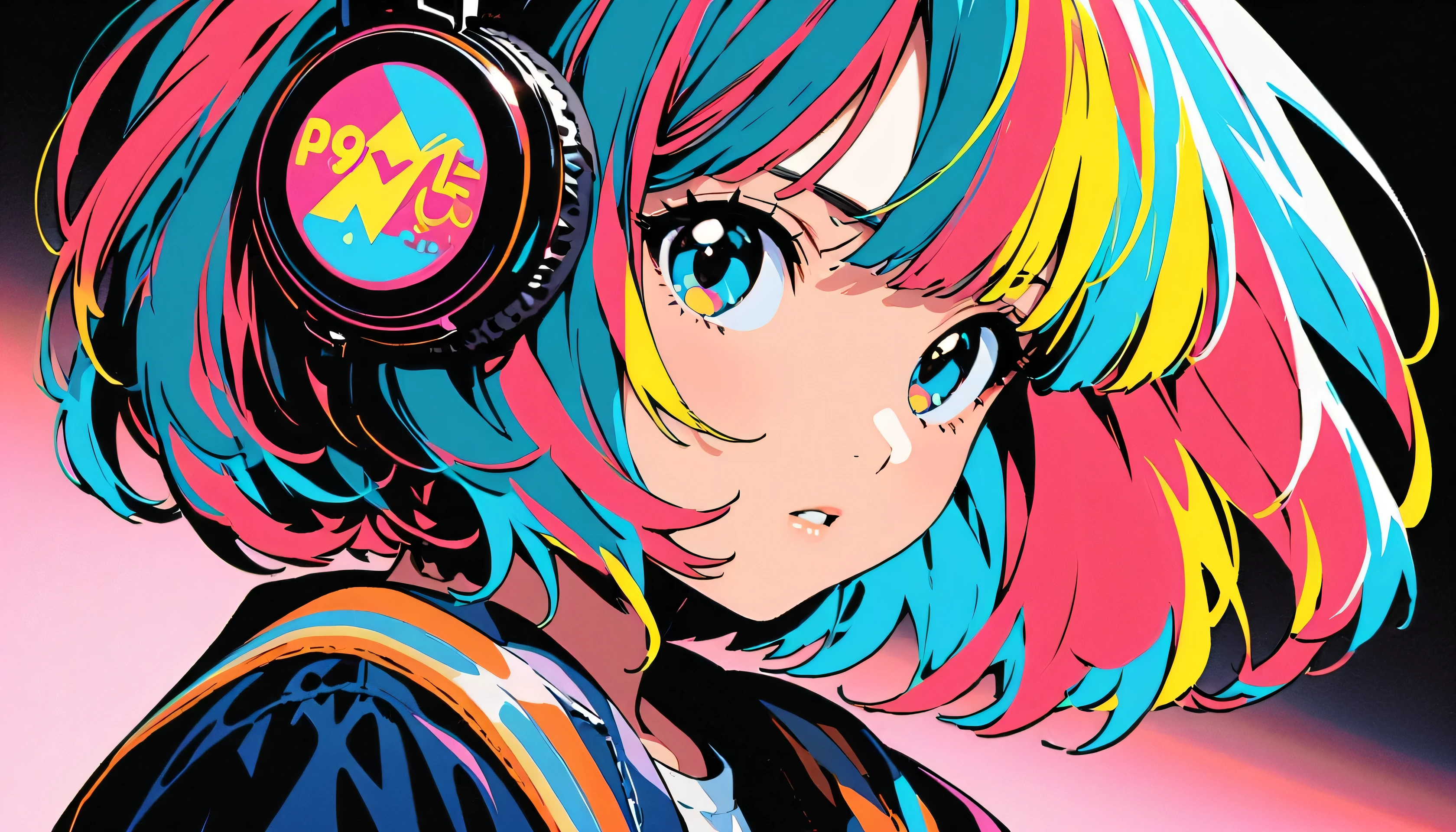 (Highest quality:1.2, City Pop Style, Very detailed, Latest, Vibrant, High Contrast, masterpiece:1.2, Highest quality, Best aesthetics), girl, ((Face Up Shot:1.4)), Colorful Hair, Bobcut, pastel colour, 1980s style, ((Retro, Vintage, Plain background))Headphones