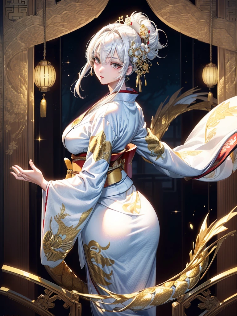 (Beautiful model in Japanese kimono commercial, Beautiful straight long black hair), alone, ((Face is 80% Beauty and elegance, 20% Cute and adorable:1.5)), Clear Eyes, (fine grain, Bright green eyes, Bright Eyes), double eyelid, (Slightly thick, Sexy lips:1.2), ((Very detailed and incredibly high resolution Deep-white Kimono:1.2)), Very detailed顔のテクスチャ, impressive body shape, Very attractive woman with curves, High Resolution RAW Color Photos Professional Photography, break ultra high-resolution textures, High Resolution Body Rendering, Big eyes, An unparalleled masterpiece, Incredible high resolution, Very detailed, Stunning Ceramic Skin, break ((Turn around and show us the pattern on your kimono:1.5)), ((She was wearing a white kimono embroidered with glittering golden dragons..:1.5)), ((The white kimono is embroidered with a vibrant rising dragon..:1.2)), (Exquisitely crafted and sensual Japanese kimono), ((The embroidery pattern is a Chinese dragon rising to the sky):1.2), ((An intricately and elegantly decorated white kimono)), (Photographed in front of the round shoji screen of a Japanese-style room)), break ((Highest quality, 8k)), Sharp focus:1.2, (Layered Cut, big:1.2), (Beautiful woman with perfect figure:1.4), (Beautiful and elegant rear view:1.3), Tight waist, (Correct hand shape:1.5), (Full Body Shot | Cowboy Shot),God big breasts,