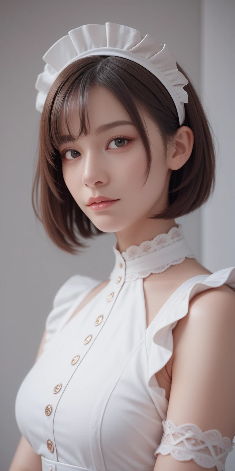Portrait、(masterpiece,Highest quality,Ultra-high resolution),Japanese women, Bob Hair、A woman wearing a long-sleeved maid outfit made of shiny satin fabric