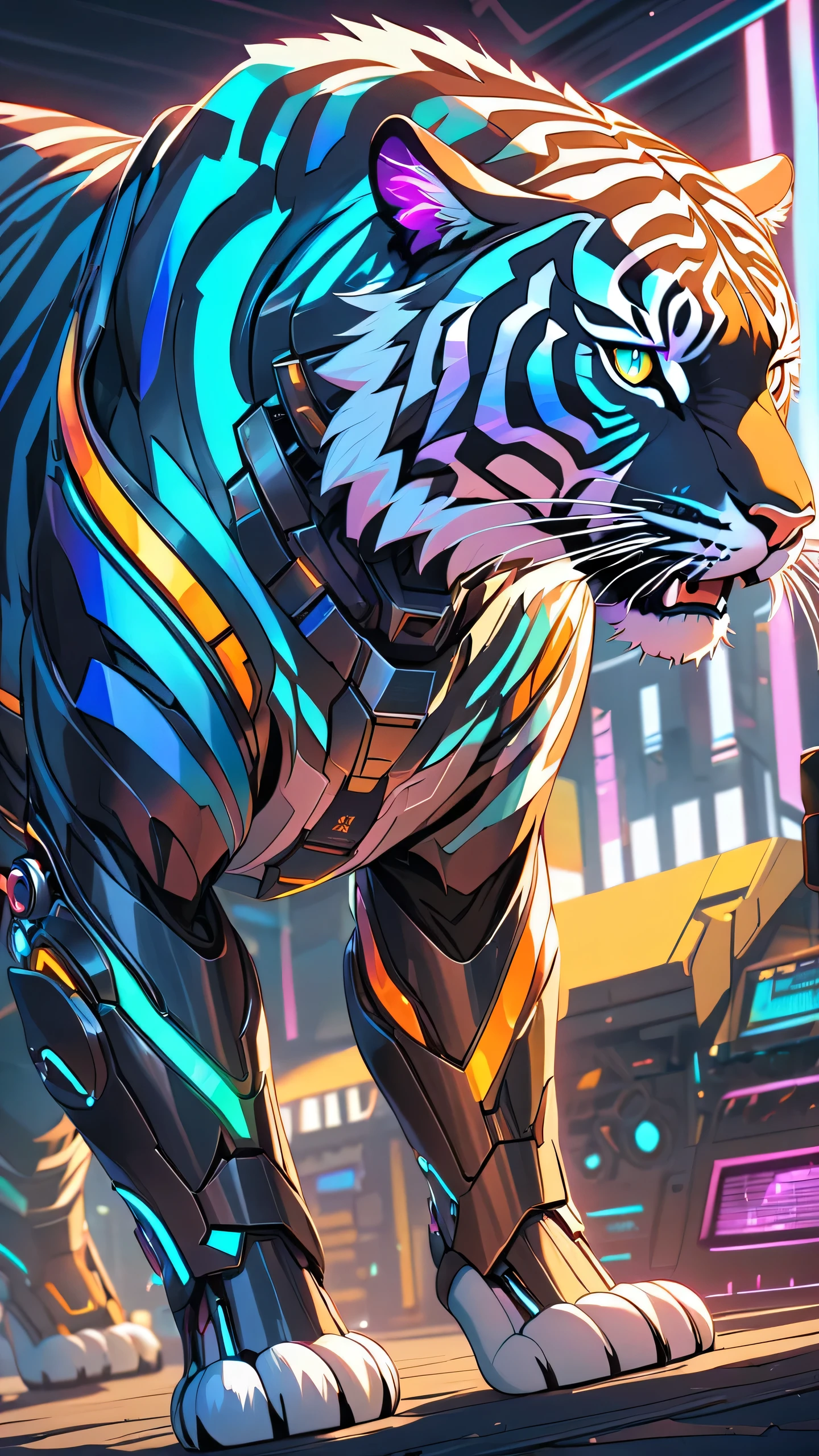 masterpiece, best quality:1.2, ultra-detailed highly detailed, 8k, glowing mechanical tiger, intricate metal gears and parts, cyberpunk style, iridescent metallic body, futuristic, cinematic lighting, dramatic shadows, vivid colors, vibrant palette, powerful presence