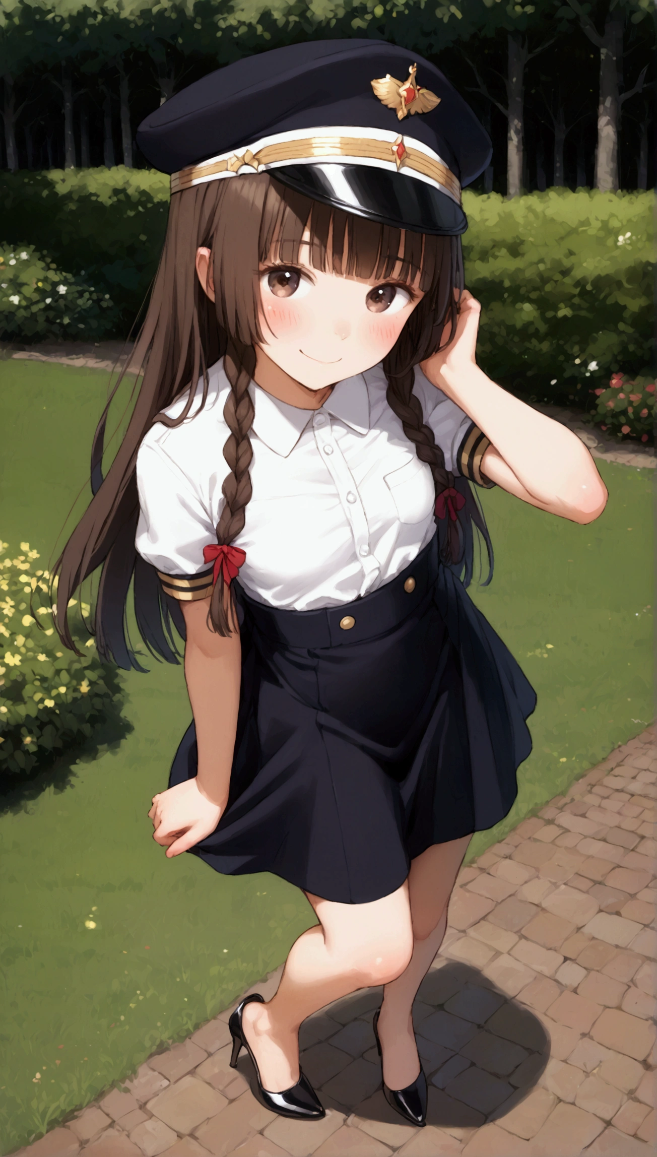 {Highest quality}, {Super beautiful},{Ultra fine},{Best illustration},Brown Hair,Hime cut,long hair,Braid,One woman,Standing Woman,Strike a pose,smile,smilingly,Uniform cap,White Shirt,Short sleeve,Long black skirt,at the park,Blushing,Slender,Black stiletto heels,barefoot,Stand with your legs together,from the front,From above,slouch