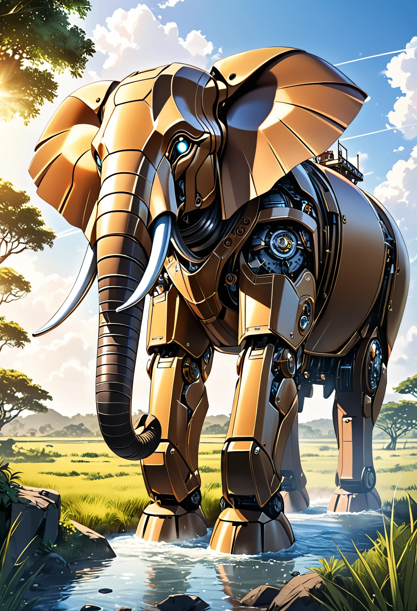 a portrait of a ((mechanical elephant: 1.2)) in the jungle, an epic mecha elephant ((full body: 1.5)), ((anatomically correct: 1.5)), (ultra detailed face: 1.2), mechanical eyes, ,mechanical trunk, in the savannah , full of savannah wild life, there is a stream of water, it is a sunny day, there are sun rays, savannah background, vibrant, Ultra-high resolution, High Contrast, (masterpiece:1.5), highest quality, Best aesthetics), best details, best quality, highres, 16k, (ultra detailed: 1.5), masterpiece, best quality, (extremely detailed) RAW, (ultra details, Masterpiece, best quality), nijimecha