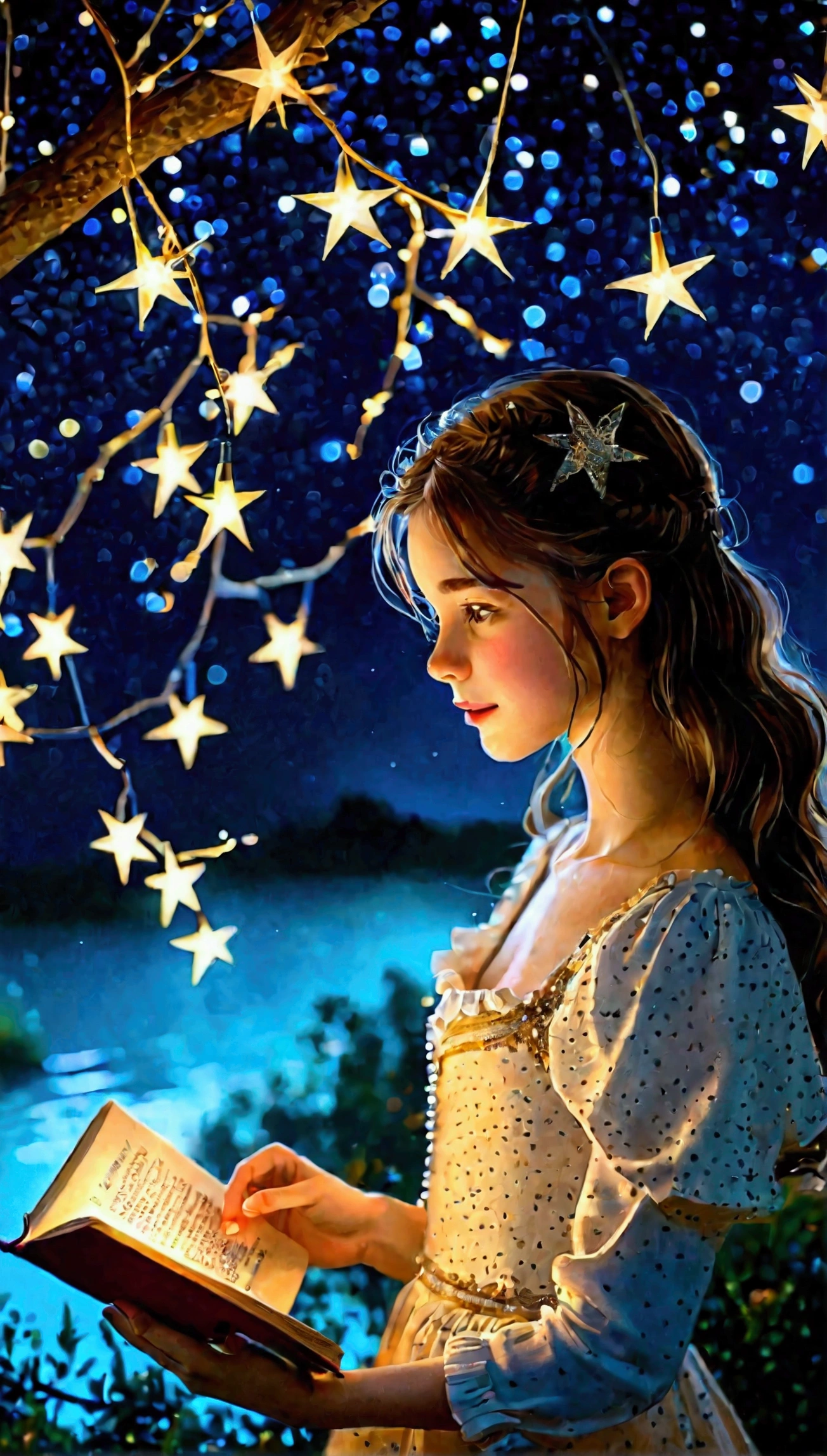 A girl holding a book at night, seeing twinkling stars.