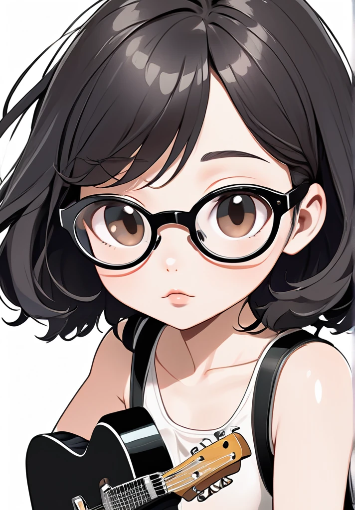 high resolution,best qualityer,naturals, 
Illustrator without black lines, black contour lines, or black line drawings, flat illustration e monocromática, coloring similar to foreign animation, Chibi character, アニメ, fluffly, full body illustration, Deformed illustration, black daughter, skin black, with glasses, sitting holding a guitar with white and beige as precious colors, flat illustration, Simpler, minimalism, White background, without bangs, slickedback hair, afro,, fleshy lips.