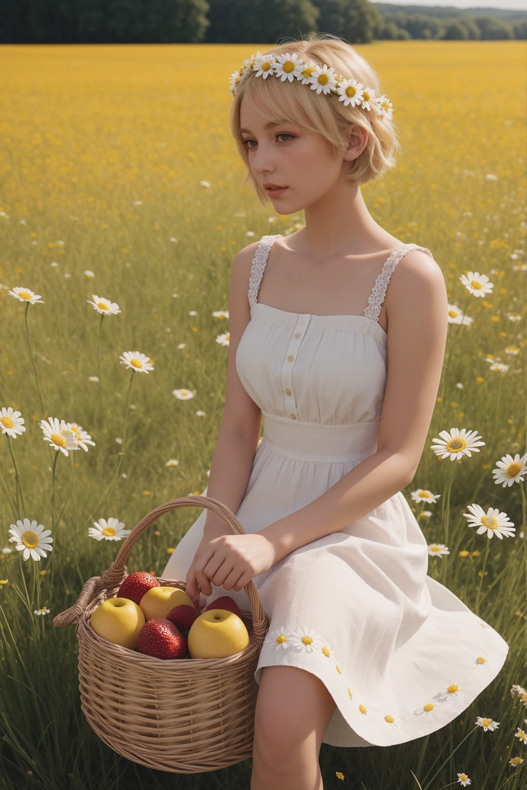 (girl:1.2),alone, (blonde short hair:1.1), brown eyes, Wearing a daisy wreath on your head, Sit in a daisy field, (fruit basket:1.1), coquette dress,raw,photographic,photo shadows,actual,Ridiculous,Aesthetic,elegant