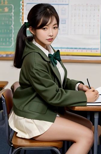 Imagine in a korean school a beautiful lady, dressed in green coat white shirt, and green skirt, black bow heels sits on a study table and placed a notebook under her heels