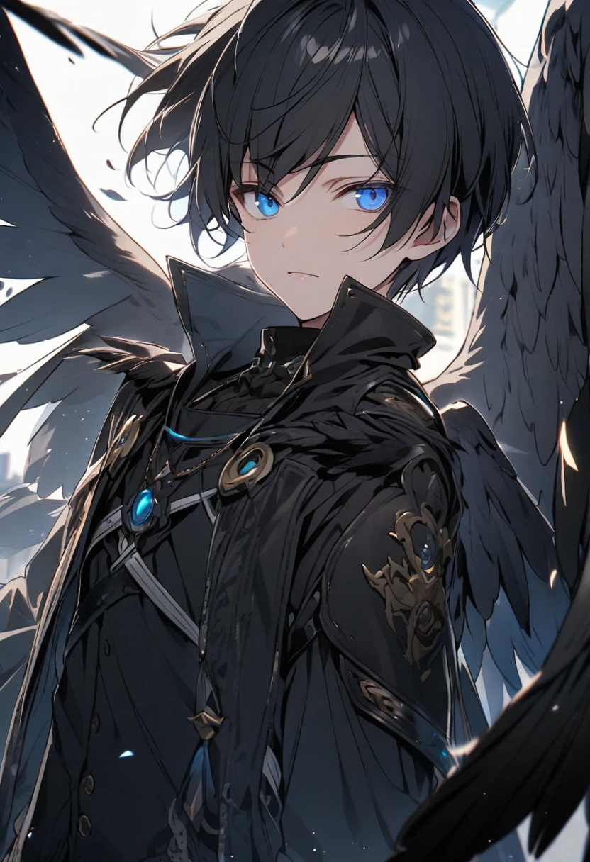 male, blue eyes, black hair, black wings, shota