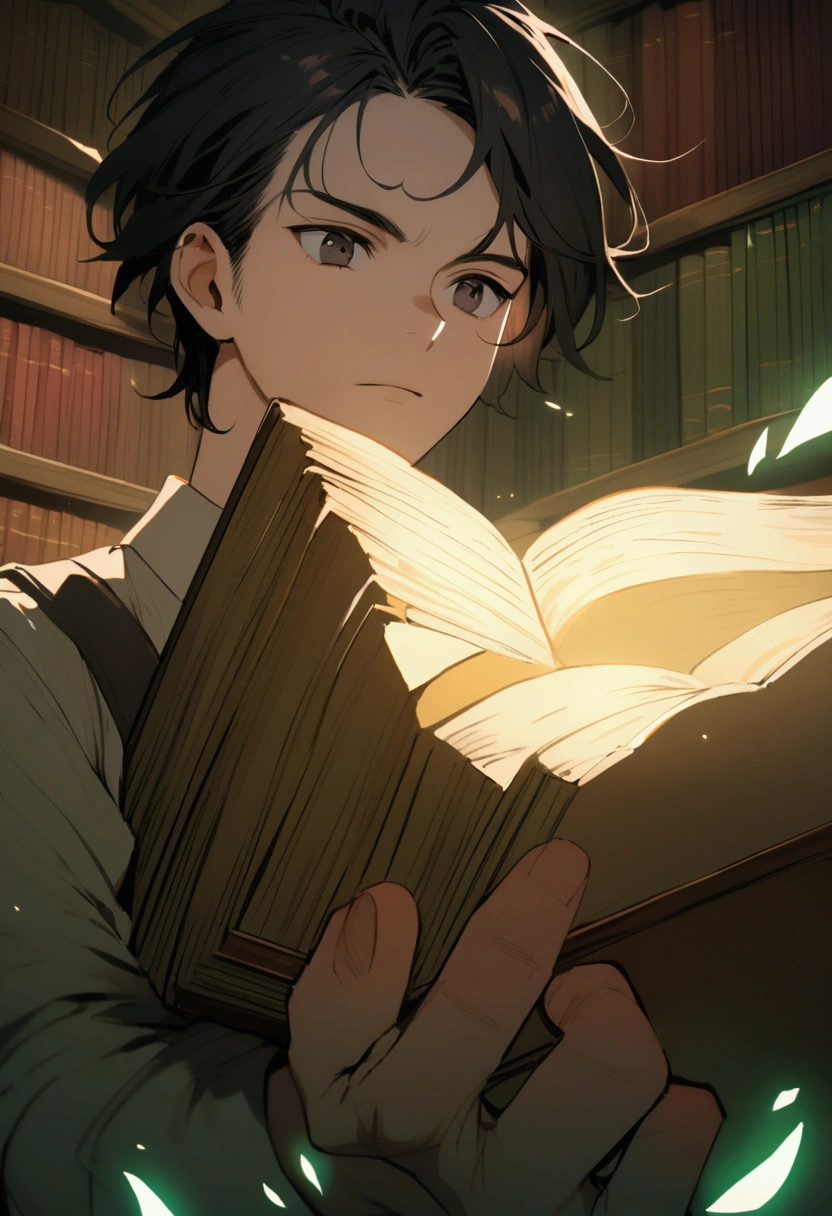 young man with black hair and dark eyes, mythical library
