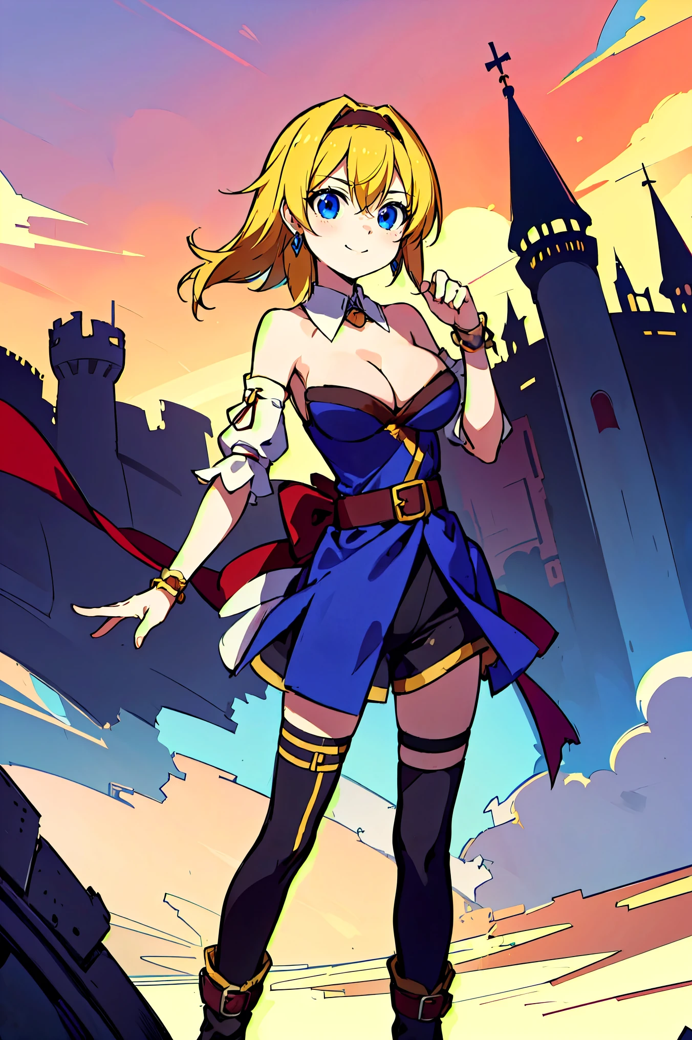 (masterpiece, best quality:1.2), rekkyou sensen,rekkyo sensen, (hasuichi nishizono:1.25) ,black hair, red eyes, solo, 1girl, gokudo, bare shoulders, belt, blonde hair, blue eyes, boots, bracelet, breasts, wrist cuffs, cleavage, clothing cutout, detached collar, detached sleeves, dress, earrings, hairband, jewelry, large breasts, long hair, looking at viewer, medium breasts, skirt, smile, standing, thigh strap, black shorts, thighhighs, background with((fantasy world, ruin, castle, beautiful sky, shining sky, sunshine:1.35))