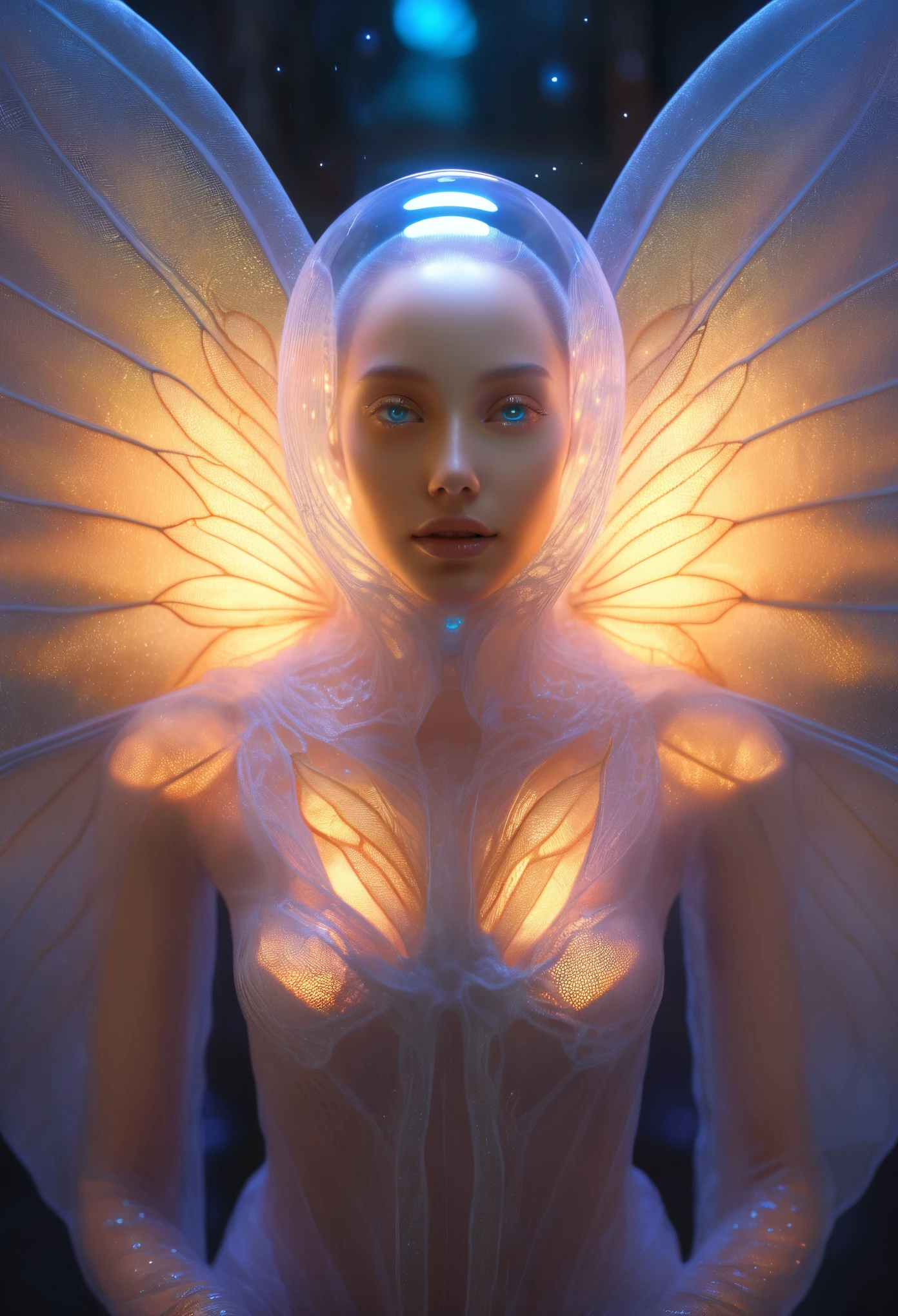 1 beautiful female alien girl emerging from a cocoon, detailed beautiful face like cute girl and body, from back, (glowing eyes, glowing skin:1.5), intricate organic details, translucent wings, symmetrical face, ethereal lighting, cinematic, vibrant colors, digital art, highly detailed, 8k, photorealistic, whole body, Floating in the air