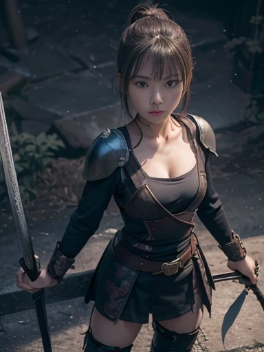 Japanese female, (underweight), (flat chest best quality:1.5),
(dungeon), sword fighting, ponytail, armor, with a sword, Scene of Tension, (dark atmosphere), (in a dark and gloomy world), full body shot, birds-eye view, (bloom:1.3)