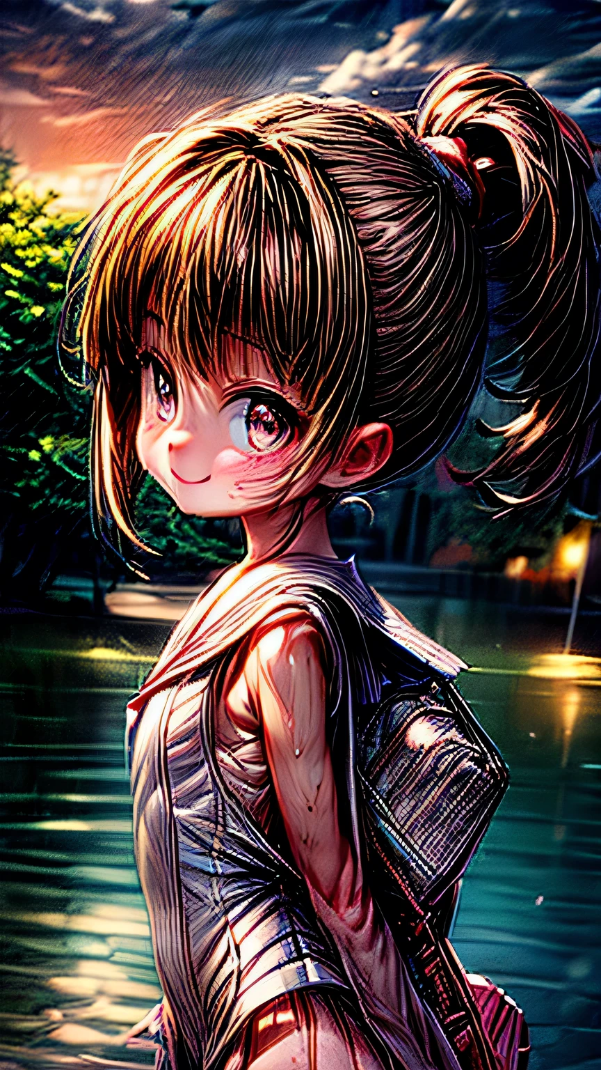One girl, high school girl、(((リボン付きSailor suit))), Summer clothes、Wet and transparent、((Navy pleated ocks、loafers、ponytail、school bag)、My belly is visible through my clothes、cute, wonderful, Beautiful attention to detail, Iris, Black Hair, In detail, Depth of written boundary, Highly detailed CG, original, Highly detailed wallpaper, View your viewers, Detailed face, Cleavage, (Big Tits, Hard nipples)、Toned Abs, White skin, Realistic、(Cinema Lighting)、Detail emphasis, Beautiful lighting、(((Sailor suit))), Summer clothes、Wet and transparent, ((In the park after the rain))、Summer sunset、Realistic park、masterpiece, 最high quality, high quality, High resolution、 ((smile)), smileで、((Upper body portrait))), Back view
