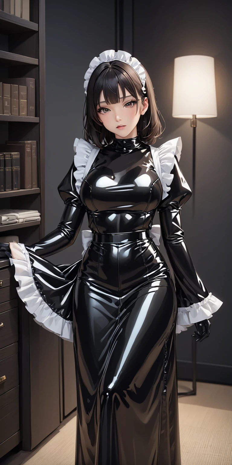 Bust up shot、(masterpiece,Highest quality,Ultra-high resolution),Japanese women, Bob Hair、白いFrillsのついたメイドキャップ、(((Very beautiful 25 year old girl))),(Black long sleeve latex maid outfit)、((Black latex long skirt))、(A long-sleeved black latex shirt covering the upper body)、Black latex gloves、Black latex socks、Black latex bodysuit、Frills、The clothes fit snugly to the body、Latex is very shiny、Dark Room、