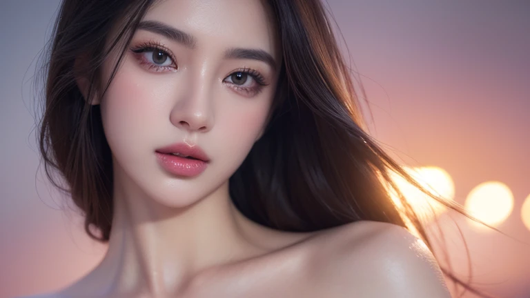 Best quality, masterpiece, ultra high res, (photorealistic:1.4), 1girl, offshoulder, deep shadow, detailed face, detailed eyes, shiny skin, sunset