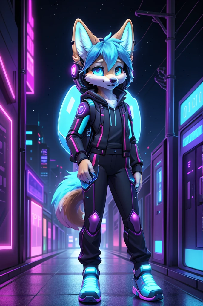 **Prompt:** A beautiful, (masterpiece), high quality, perfect lighting, highly detailed CG Unity 8k wallpaper, high resolution, perfect lighting, youthful, adolescent, tall, slim, skinny, frail slender figure, slim legs, distinctly feminine figure, narrow hips, long legs, close-up shot of a unique female dog character (Shiba Inu). She has soft, golden-brown fur with white accents around her muzzle and eyes, giving her a warm and approachable look. Her hair is a short, spiky bob with streaks of electric blue, adding a futuristic flair. Her eyes are a vibrant cyan, glowing slightly with a tech-enhanced sheen.
She is dressed in a casual, sci-fi inspired outfit: a loose, cropped holographic hoodie that shimmers with shifting colors, paired with comfortable, high-waisted jogger pants featuring neon circuit patterns. Her accessories include a sleek, techy wristband with a holographic interface, a set of small, glowing ear studs, and a pair of fingerless gloves with embedded LED lights. She carries a compact, futuristic backpack with various gadgets clipped to it.
The character is posed casually leaning against a high-tech vending machine, one foot propped up against it and her hands busy adjusting a small drone hovering in front of her. Her expression is relaxed and focused, a slight smile playing on her lips as she fine-tunes the drone's settings. The background is a bustling, neon-lit city street with floating advertisements and distant skyscrapers, providing a vibrant, sci-fi ambiance. The lighting highlights the reflective surfaces of her clothing and the glow of her accessories, creating a visually striking and immersive scene.