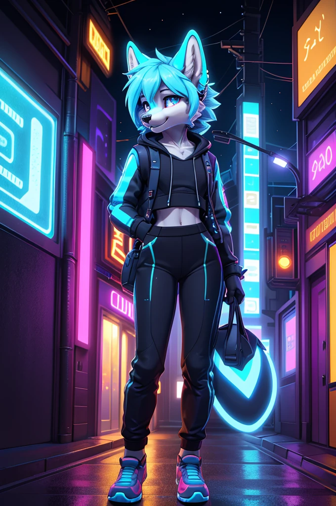 **Prompt:** A beautiful, (masterpiece), high quality, perfect lighting, highly detailed CG Unity 8k wallpaper, high resolution, perfect lighting, youthful, adolescent, tall, slim, skinny, frail slender figure, slim legs, distinctly feminine figure, narrow hips, long legs, close-up shot of a unique female dog character (Shiba Inu). She has soft, golden-brown fur with white accents around her muzzle and eyes, giving her a warm and approachable look. Her hair is a short, spiky bob with streaks of electric blue, adding a futuristic flair. Her eyes are a vibrant cyan, glowing slightly with a tech-enhanced sheen.
She is dressed in a casual, sci-fi inspired outfit: a loose, cropped holographic hoodie that shimmers with shifting colors, paired with comfortable, high-waisted jogger pants featuring neon circuit patterns. Her accessories include a sleek, techy wristband with a holographic interface, a set of small, glowing ear studs, and a pair of fingerless gloves with embedded LED lights. She carries a compact, futuristic backpack with various gadgets clipped to it.
The character is posed casually leaning against a high-tech vending machine, one foot propped up against it and her hands busy adjusting a small drone hovering in front of her. Her expression is relaxed and focused, a slight smile playing on her lips as she fine-tunes the drone's settings. The background is a bustling, neon-lit city street with floating advertisements and distant skyscrapers, providing a vibrant, sci-fi ambiance. The lighting highlights the reflective surfaces of her clothing and the glow of her accessories, creating a visually striking and immersive scene.