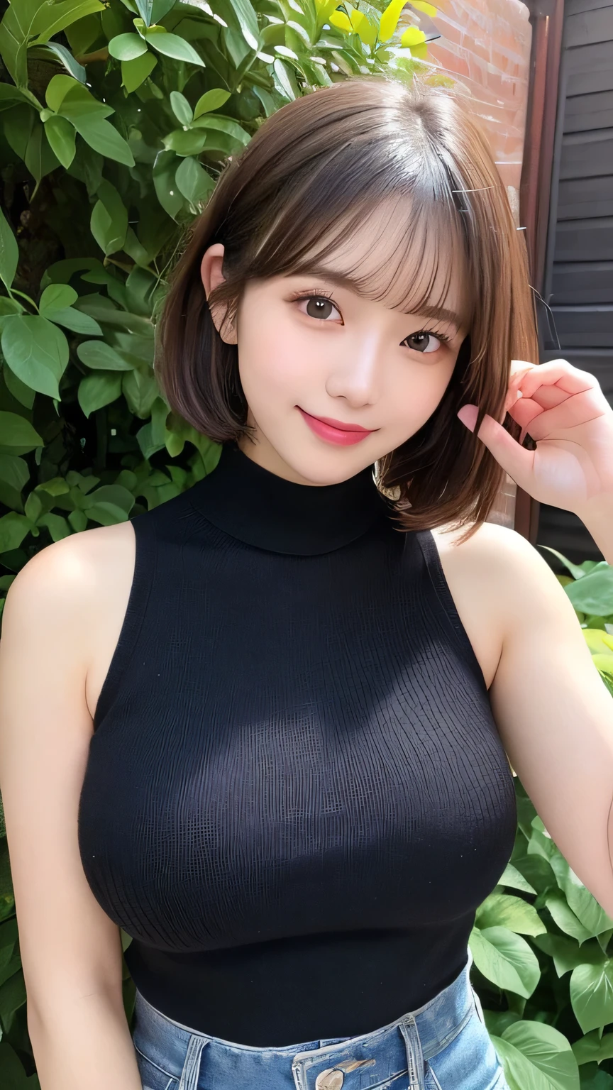 Tabletop、Highest quality、figure、 Ultra-detailed、High resolution、8k wallpaper、Perfect dynamic composition,、Beautifully detailed ideal hair、(Beautiful big breasts:1.3)、Natural color lip、Bold sexy pose、smile、Harajuku、20-year-old girl、cute、sexy shot looking at camera、(Highest quality: 1.3), (masterpiece: 1.3), (Super Detail: 1.3), (wallpaper, One Girl: 1.1)、(Detailed hands and fingers:1.2)、(Ultra-oily, lustrous skin with attention to detail:1.1)、Oily shiny knee socks、(Perfect beautiful black sleeveless high neck knit top:1.4)、Denim shorts、Brown Hair、short hair、Bouncy hair、Beautiful sister、(garden:1.2)、(Beautiful big breasts:1.2) 、((Sleep on your back)),Raise your arms
