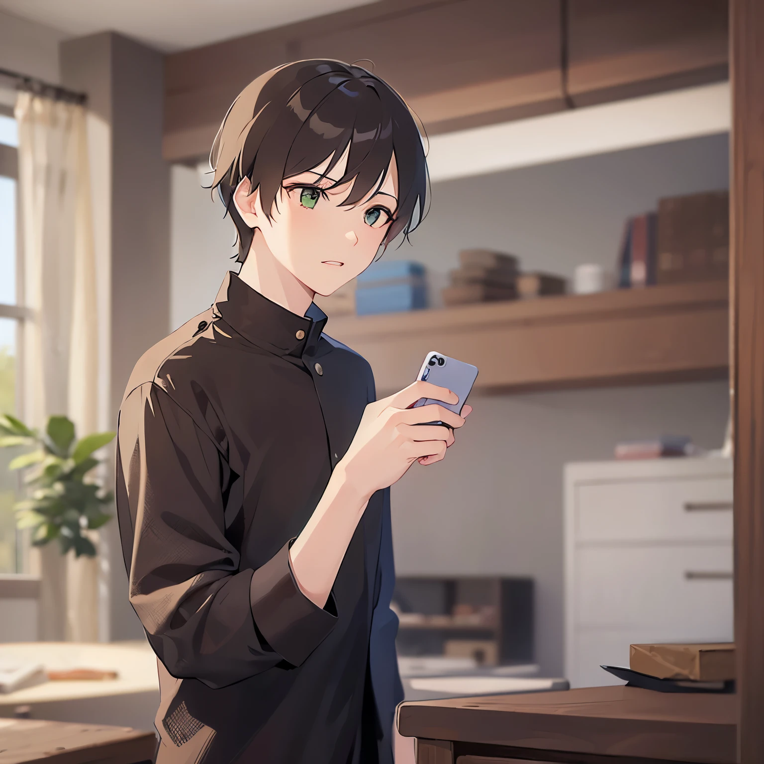 (looking away:1.5),masterpiece、Highest quality、Are standing、
BREAK (25-year-old male:1.5) and (Mahogany brown short hair) and (Green Eyes)BREAK,
Black long sleeve shirt、
Serious,open mouth,The background is the living room、(alone:1.5)