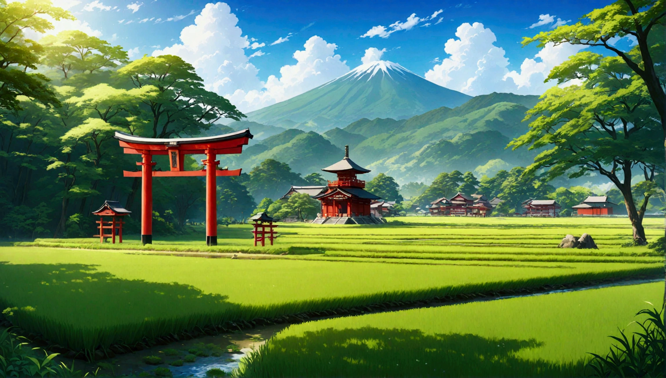 Japanese countryside,Paddy field,Azemichi,shrine,torii,Midsummer,sunny,Daytime,Highest quality, 8k, High resolution, masterpiece:1.2, Very detailed, Realistic:1.37, High resolution, 超High resolution, Very detailed, Professional, Vibrant colors