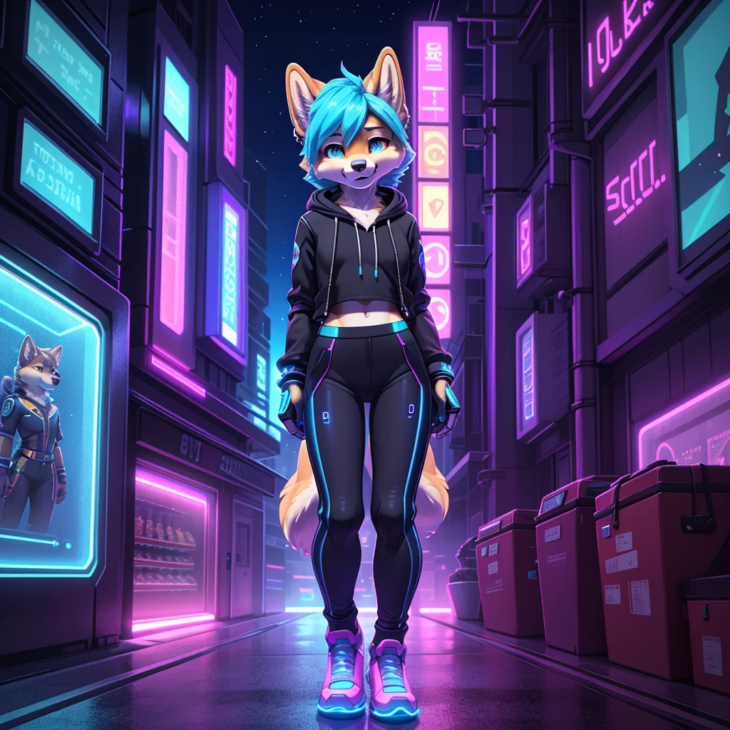 **Prompt:** A beautiful, (masterpiece), high quality, perfect lighting, highly detailed CG Unity 8k wallpaper, high resolution, perfect lighting, youthful, adolescent, tall, slim, skinny, frail slender figure, slim legs, distinctly feminine figure, narrow hips, long legs, close-up shot of a unique female dog character (Shiba Inu). She has soft, golden-brown fur with white accents around her muzzle and eyes, giving her a warm and approachable look. Her hair is a short, spiky bob with streaks of electric blue, adding a futuristic flair. Her eyes are a vibrant cyan, glowing slightly with a tech-enhanced sheen.
She is dressed in a casual, sci-fi inspired outfit: a loose, cropped holographic hoodie that shimmers with shifting colors, paired with comfortable, high-waisted jogger pants featuring neon circuit patterns. Her accessories include a sleek, techy wristband with a holographic interface, a set of small, glowing ear studs, and a pair of fingerless gloves with embedded LED lights. She carries a compact, futuristic backpack with various gadgets clipped to it.
The character is posed casually leaning against a high-tech vending machine, one foot propped up against it and her hands busy adjusting a small drone hovering in front of her. Her expression is relaxed and focused, a slight smile playing on her lips as she fine-tunes the drone's settings. The background is a bustling, neon-lit city street with floating advertisements and distant skyscrapers, providing a vibrant, sci-fi ambiance. The lighting highlights the reflective surfaces of her clothing and the glow of her accessories, creating a visually striking and immersive scene.