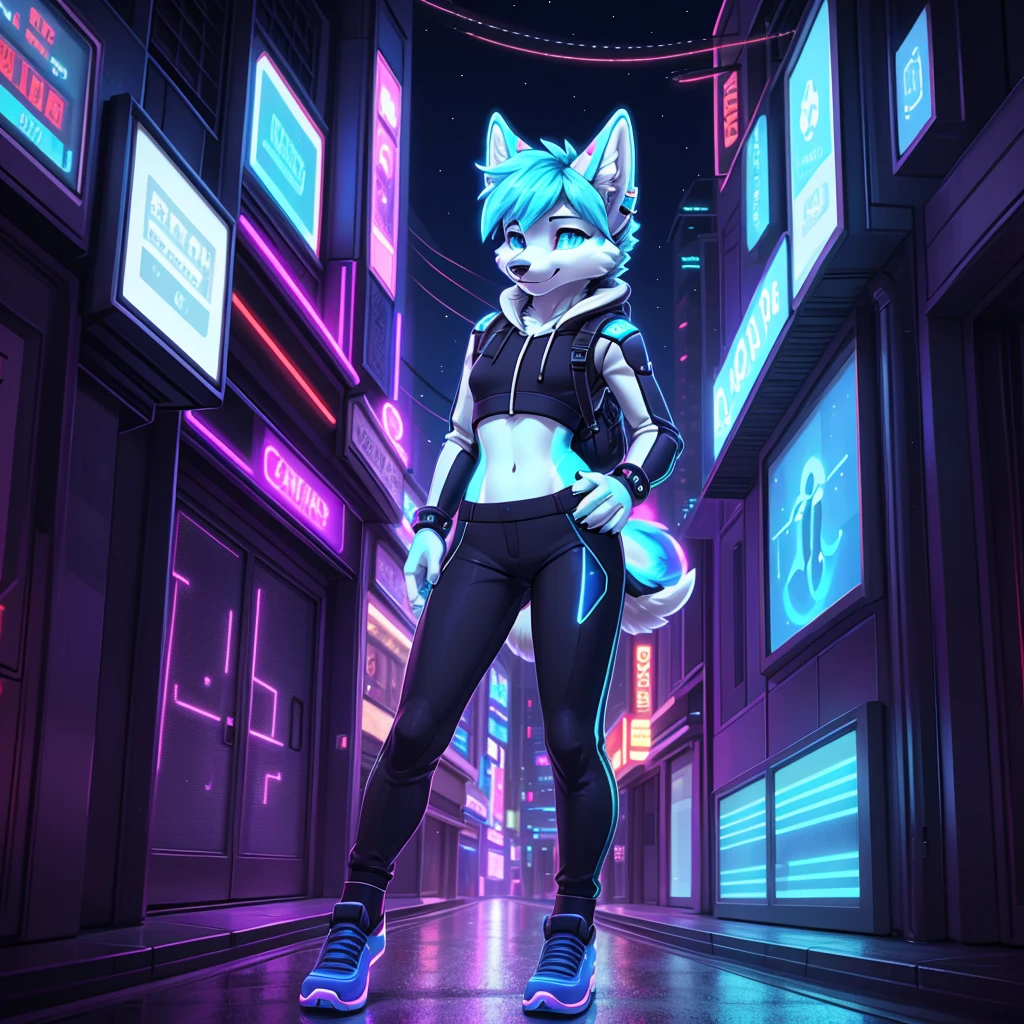 **Prompt:** A beautiful, (masterpiece), high quality, perfect lighting, highly detailed CG Unity 8k wallpaper, high resolution, perfect lighting, youthful, adolescent, tall, slim, skinny, frail slender figure, slim legs, distinctly feminine figure, narrow hips, long legs, close-up shot of a unique female dog character (Shiba Inu). She has soft, golden-brown fur with white accents around her muzzle and eyes, giving her a warm and approachable look. Her hair is a short, spiky bob with streaks of electric blue, adding a futuristic flair. Her eyes are a vibrant cyan, glowing slightly with a tech-enhanced sheen.

She is dressed in a casual, sci-fi inspired outfit: a loose, cropped holographic hoodie that shimmers with shifting colors, paired with comfortable, high-waisted jogger pants featuring neon circuit patterns. Her accessories include a sleek, techy wristband with a holographic interface, a set of small, glowing ear studs, and a pair of fingerless gloves with embedded LED lights. She carries a compact, futuristic backpack with various gadgets clipped to it.

The character is posed casually leaning against a high-tech vending machine, one foot propped up against it and her hands busy adjusting a small drone hovering in front of her. Her expression is relaxed and focused, a slight smile playing on her lips as she fine-tunes the drone's settings. The background is a bustling, neon-lit city street with floating advertisements and distant skyscrapers, providing a vibrant, sci-fi ambiance. The lighting highlights the reflective surfaces of her clothing and the glow of her accessories, creating a visually striking and immersive scene.