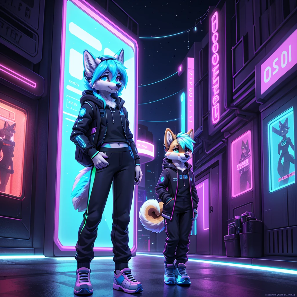 **Prompt:** A beautiful, (masterpiece), high quality, perfect lighting, highly detailed CG Unity 8k wallpaper, high resolution, perfect lighting, youthful, adolescent, tall, slim, skinny, frail slender figure, slim legs, distinctly feminine figure, narrow hips, long legs, close-up shot of a unique female dog character (Shiba Inu). She has soft, golden-brown fur with white accents around her muzzle and eyes, giving her a warm and approachable look. Her hair is a short, spiky bob with streaks of electric blue, adding a futuristic flair. Her eyes are a vibrant cyan, glowing slightly with a tech-enhanced sheen.

She is dressed in a casual, sci-fi inspired outfit: a loose, cropped holographic hoodie that shimmers with shifting colors, paired with comfortable, high-waisted jogger pants featuring neon circuit patterns. Her accessories include a sleek, techy wristband with a holographic interface, a set of small, glowing ear studs, and a pair of fingerless gloves with embedded LED lights. She carries a compact, futuristic backpack with various gadgets clipped to it.

The character is posed casually leaning against a high-tech vending machine, one foot propped up against it and her hands busy adjusting a small drone hovering in front of her. Her expression is relaxed and focused, a slight smile playing on her lips as she fine-tunes the drone's settings. The background is a bustling, neon-lit city street with floating advertisements and distant skyscrapers, providing a vibrant, sci-fi ambiance. The lighting highlights the reflective surfaces of her clothing and the glow of her accessories, creating a visually striking and immersive scene.