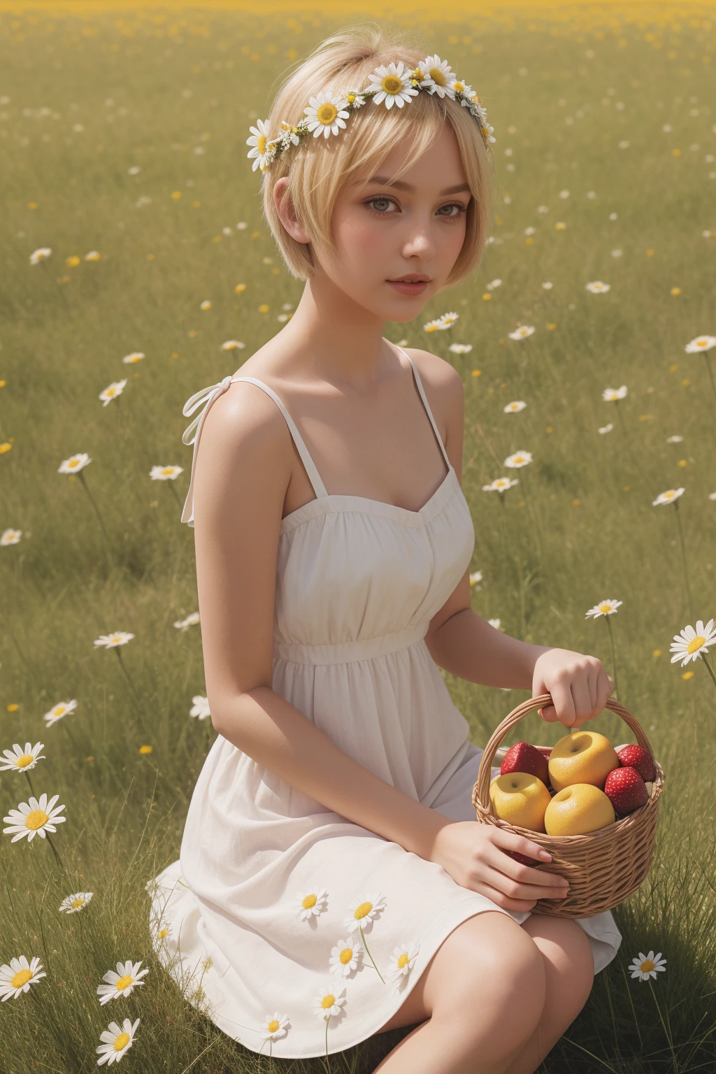 (girl:1.2),alone, (blonde short hair:1.1), brown eyes, Wearing a daisy wreath on your head, Sit in a daisy field, (fruit basket:1.1), coquette dress,raw,photographic,photo shadows,actual,Ridiculous,Aesthetic,elegant