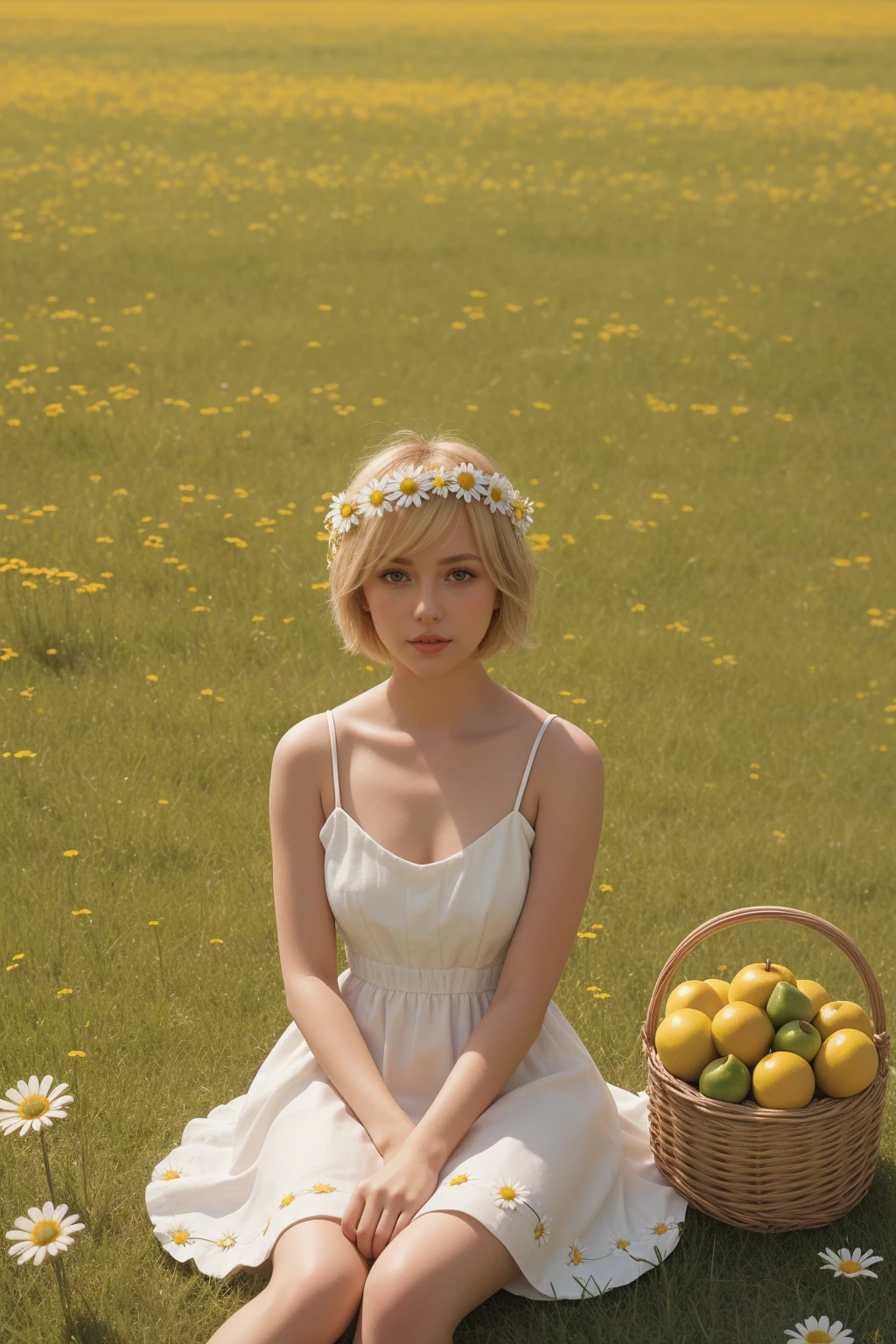 (girl:1.2),alone, (blonde short hair:1.1), brown eyes, Wearing a daisy wreath on your head, Sit in a daisy field, (fruit basket:1.1), coquette dress,raw,photographic,photo shadows,actual,Ridiculous,Aesthetic,elegant
