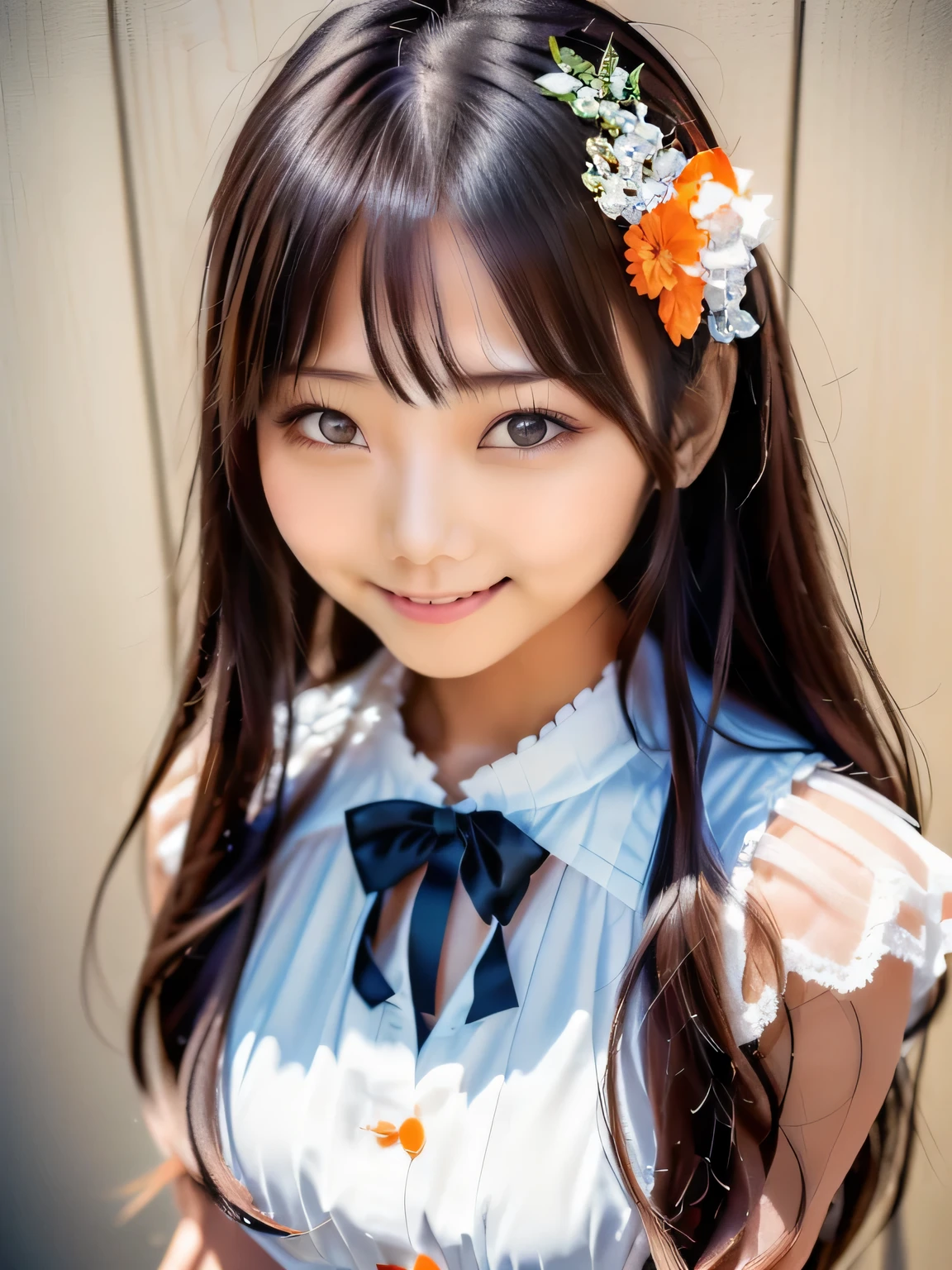 Asian girl in orange and white dress and orange ribbon, Reality Girls, Real young gravure idol, Anime Girl Cosplay, Photorealistic Animation, mayuri shiina, pretty girl, Beautiful girls, Realistic young girl, Attractive girl, Face that faithfully reproduces the face of LoRA, High resolution, Very detailed, Natural Bangs, highest quality