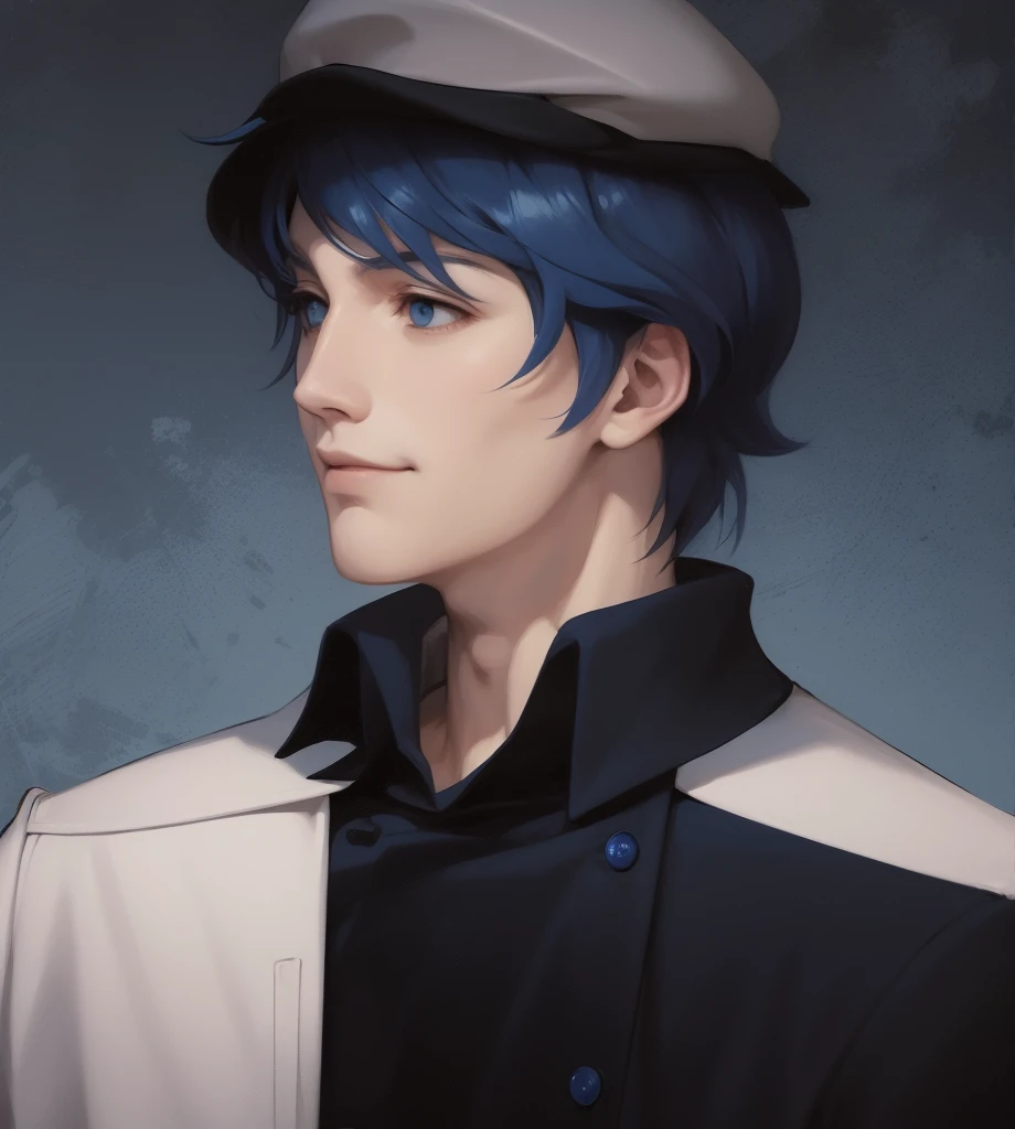 illustration of a man, blue clothes, an illustration inspired by Kanō Hōgai, tumblr, romanticism, yang wen-li, portrait, dark-blue hair, the sandman from graphic novel, deep focus, wearing navy-blue beret, dark blue jacket, fastened with buttons down the front, with a high collar and structured fit. The jacket features shoulder insignias and two breast pockets with button flaps. Underneath the jacket, he wears a light-colored scarf that adds elegance, golden buttons, man, male, perfect eyes, good eyes