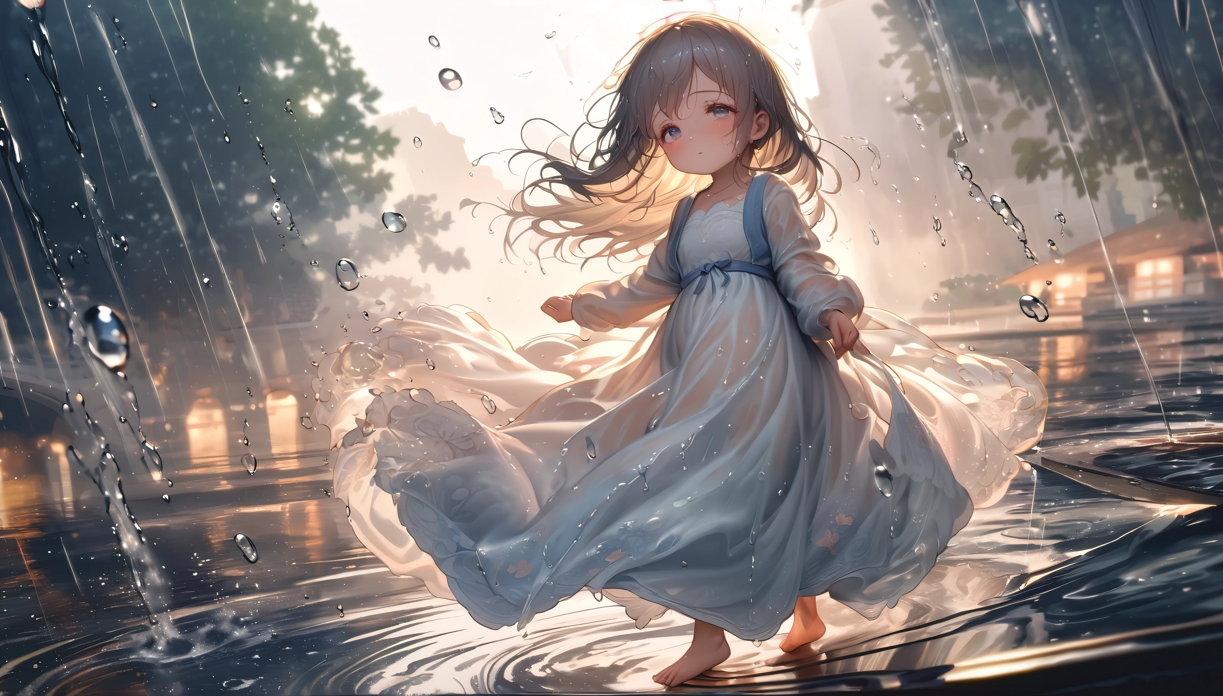 (full body), (solo), (A 7-year-old girl:1.2), (very young little girl), loli, (Solo), (small breast), (wide angle), raw photo, Aesthetic, Convoluted, Awarded, chiaroscuro, Best Quality, Detailed background, (Misty atmosphere:1.2), (hard rainy day:1.1),((Girl in very long white hanfu dress:1.2)), large white silk dress, long white hanfu with a silk texture, best wrinkles, real wrinkles, best shadows, (wet, wet body, wet hair, wet skin, very wet white dress, reflection on the wet dress, delicate cherry blossom embroidery, subtle water droplets:1.15), (water spray:1.1), The rain pours down in a silver curtain, enveloping the scene in a soft, shimmering glow. The little girl, a vision of purity, is clad in a gorgeous white long skirt, the fabric now soaked through, clinging to her form like a second skin. The once crisp and airy material is now heavy with rain, its transparency revealing the contours of her body as she moves. Her hair, dark against the white of her skirt, falls in wet strands, framing her face like a frame to a portrait. The rain has painted her with a natural beauty, the droplets catching on her lashes, her cheeks flushed with the coolness of the rain. Barefoot, she dances on the rain-kissed earth, her feet leaving imprints in the damp soil. Each step is a whisper, a secret shared between her and the sacred ground beneath her. The earth responds, the scent of wet earth rising to meet the rain's fresh scent. Her white skirt, now translucent with the rain, flows with her movements, the hem fluttering like wings as she spins. The fabric catches the light, casting a soft glow around her, as if she is dancing within a halo of moonlight. The raindrops fall in rhythm with her dance, each drop a note in the symphony of the moment. The sound of rain on leaves, the soft patter on the ground, they all blend into a harmonious melody, accompanying her silent song.