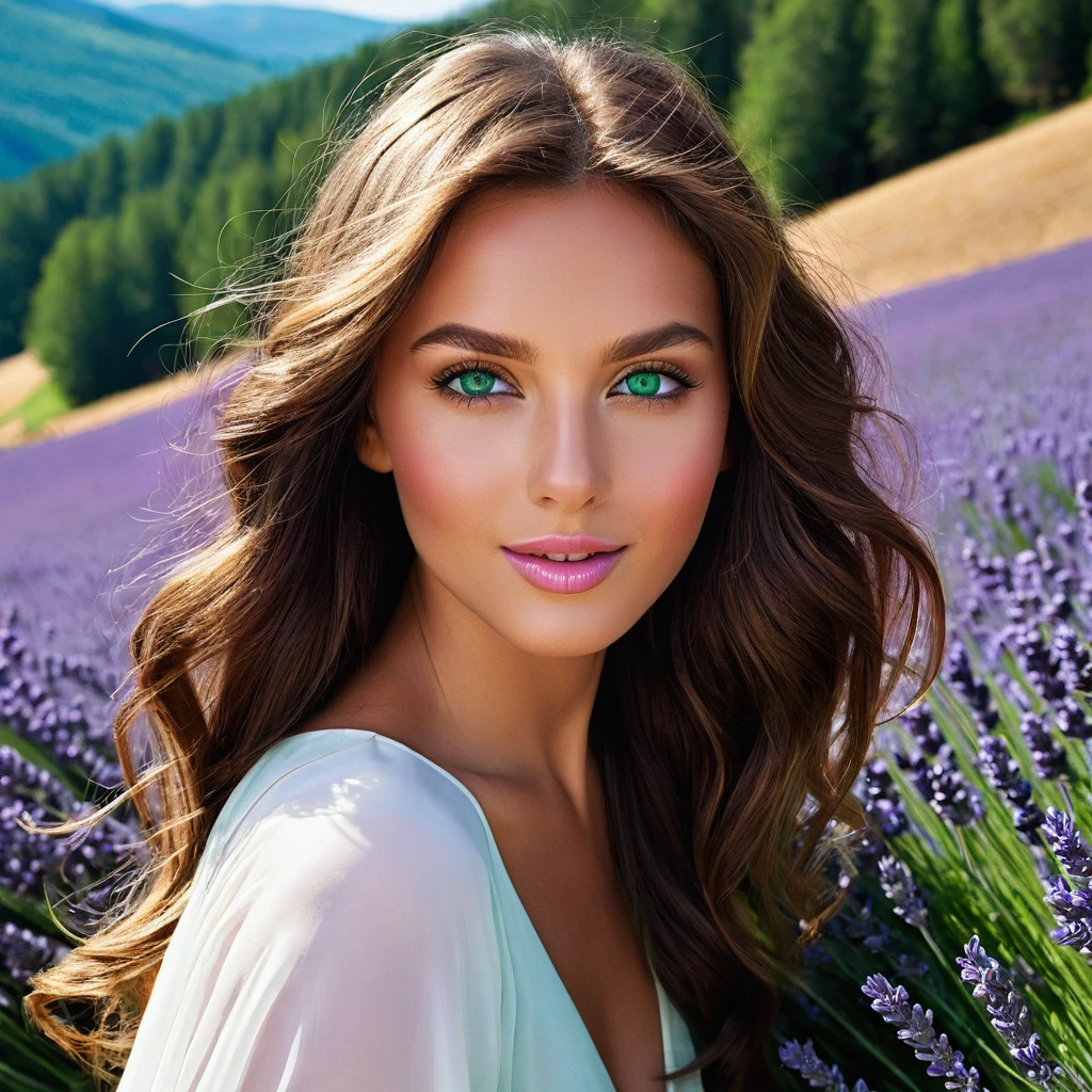 Radiant skin, slightly tanned, large and expressive eyes, emerald green in color, long and considerable lashes, well-drawn, thick but elegant sources, fine and straight nose, full and pink lips, slightly smiling, long and wavy hair, dark chestnut color with golden reflections, styled in a natural but elegant way, 23 years old, In a mountain, panoramic view with impressive backgrounds, With nature decorationsSeins, Sourire, Bouche Ouverte, Yeux bleus, In a lavender field, bright colors of the flowers creating a striking contrast
