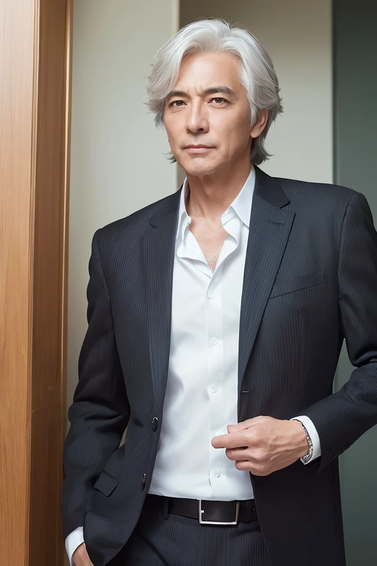 (((masterpiece、Anime Style、high resolution、high quality、Delicate、Ultra-high resolution、8k)))Japanese men、65age、Gray Hair、Wrinkles、Black suit、WhiteYshirt、accessories、necklace、Inside the Hotel
