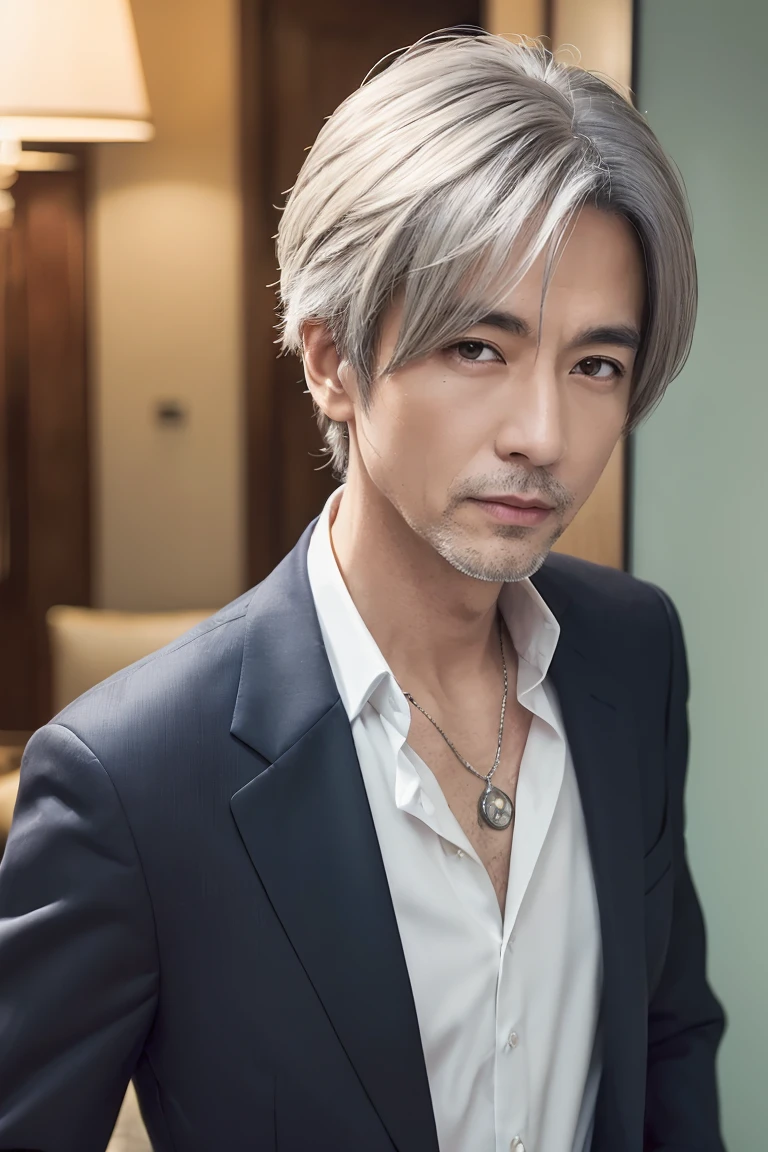 (((masterpiece、Anime Style、high resolution、high quality、Delicate、Ultra-high resolution、8k)))Japanese men、65age、Gray Hair、Wrinkles、Black suit、WhiteYshirt、accessories、necklace、Inside the Hotel
