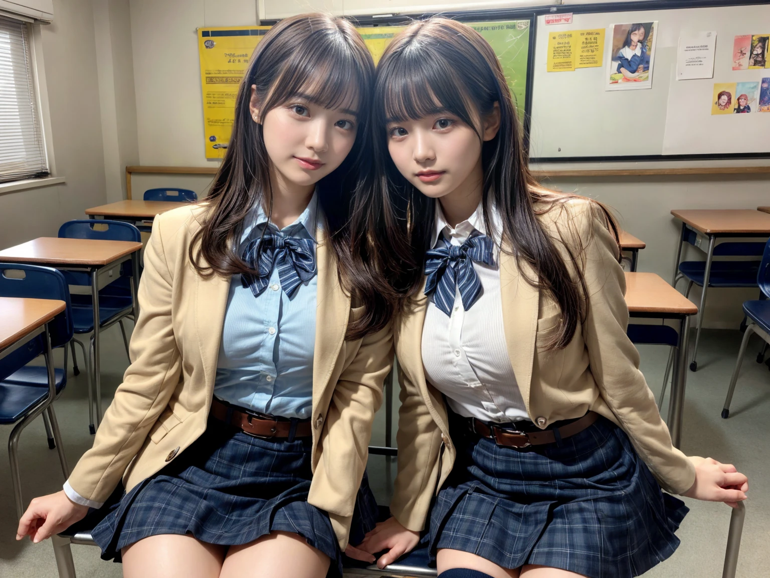 masterpiece, best quality, illustration, Super detailed, fine details, High resolution, 8K,wall paper, perfect dynamic composition,(Details High quality, realistic depiction of eyes:1.3), (2 girls), High School Classroom、High school girl uniform、blazer 、Super Short Check Uniform Skirt、Navy blue high socks、garterbelts、Colossal tits、Disturbed uniform, short hair, deep on field, large breasts, black hair color, Big Natural Color Lip, (perfect body shape), crying a little、Harajuku style、20 year old girl、cute type、beautiful legs, Gravure Idol