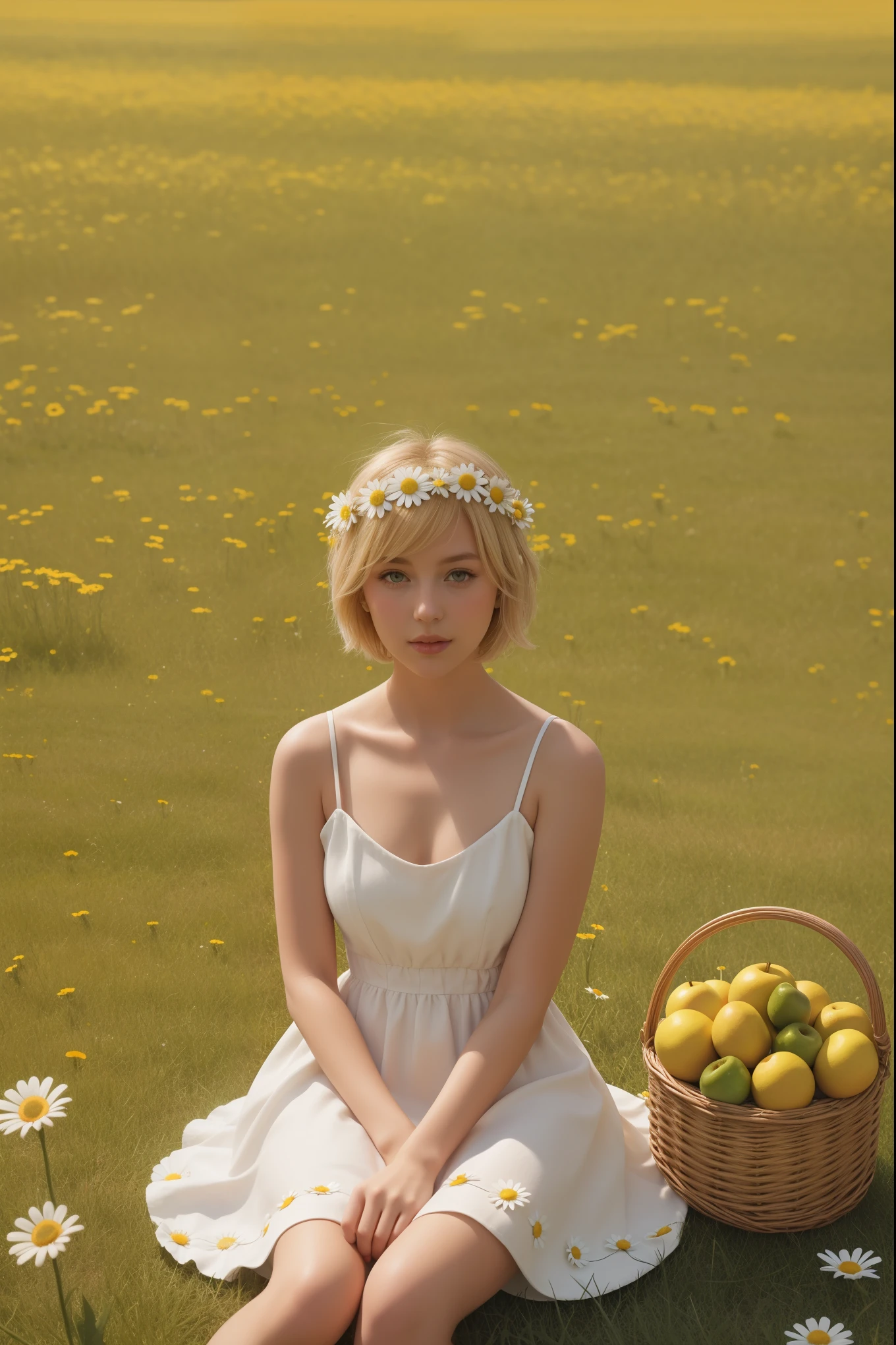 best quality, masterpiece, ultra high resolution, (lifelike:1.4), original photo, 1 girl, white dress, Off the shoulders, flower field, glowing skin, faint smile