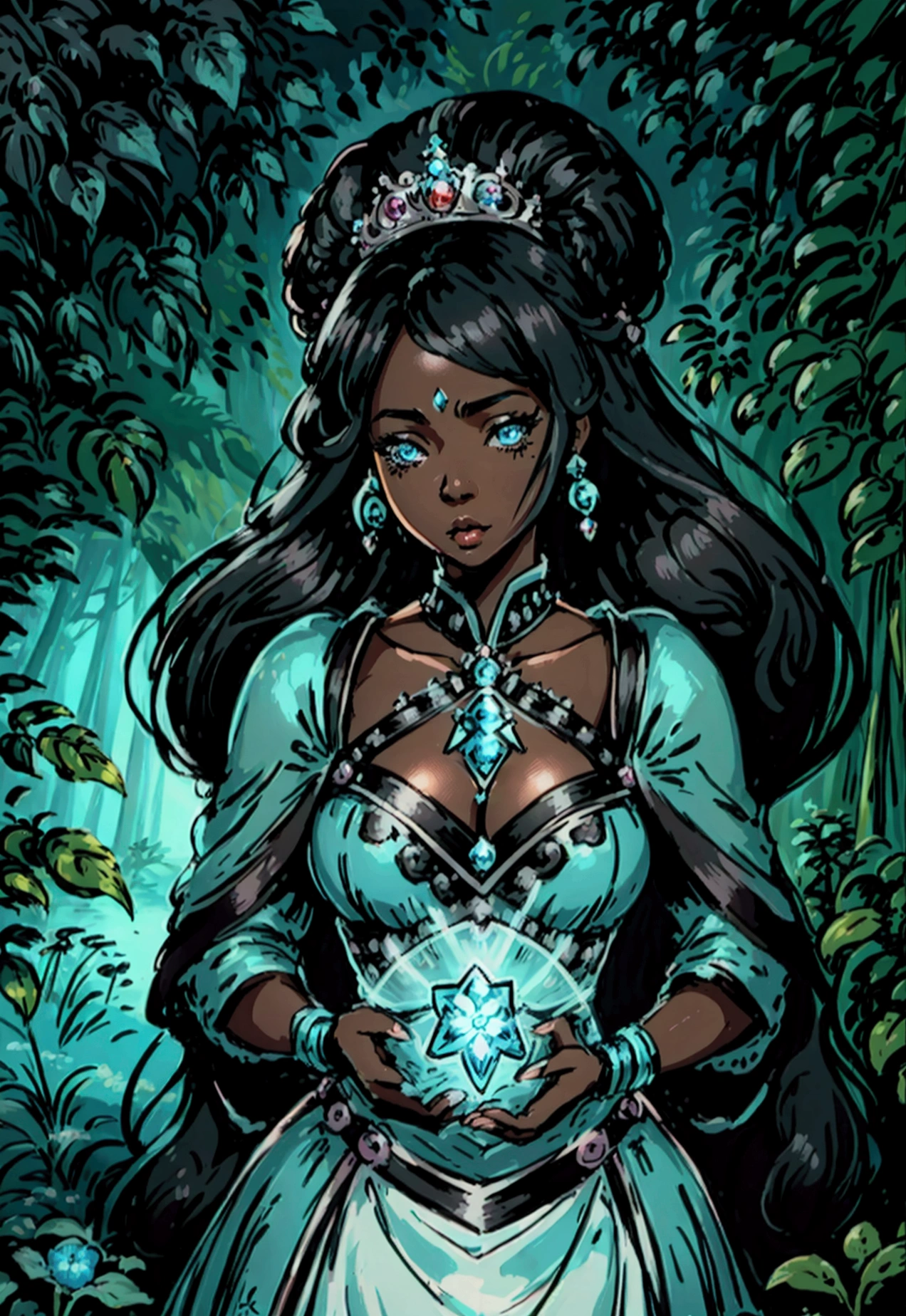 Black women, Beauty,sexy,small breast,Princess,longe Black hair,light BLUE dress,Personagem de RPG, Retrato CloseUp, fundo da floresta