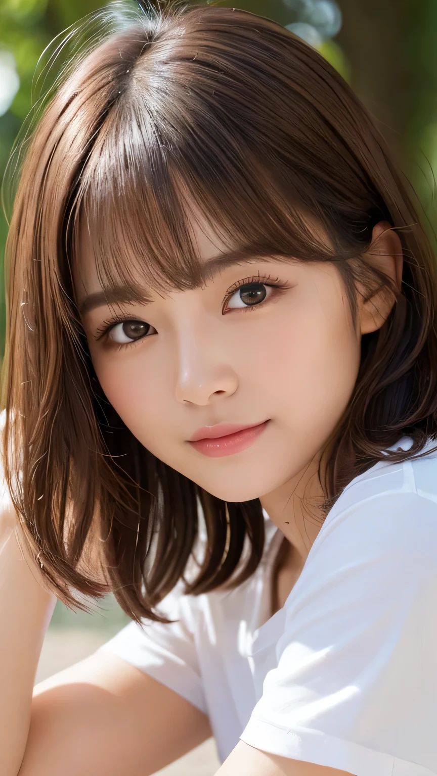 (Highest quality,8K quality,masterpiece:1.3,),(Ultra-high resolution:1.3,Photorealistic:1.4,RAW Photos:1.2),(Ultra-detailed:1.2,Glowing Skin,Detailed skin:1.1),(Detailed face,Perfect Anatomy,Caustics:1.2),Park lawn,Sleep on your back,1 girl,cute,Japanese,22 years old,Japanese Ido,Natural brown hair,Curl short hair outward,cute目,Natural Makeup,Oversized T-shirt,Laughter,Looking into the camera,On the face,Face Focus,Professional Lighting,Natural soft light,