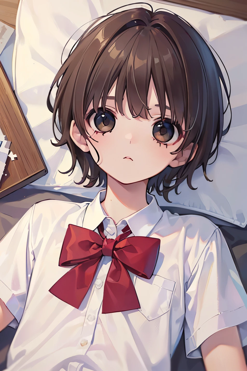 (((Highest quality, 8k, masterpiece: 1.3)), Sharp focus, Slim abdomen, (White shirt), (bed room: 1.2), Highly detailed face and skin texture,Brown Hair, Sleepy face, (High School Uniform),(short hair:1.1),(young boy:1.2).