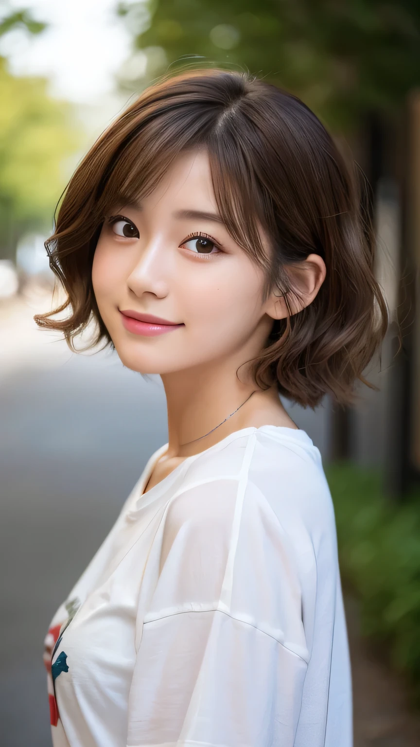 (Highest quality,8K quality,masterpiece:1.3,),(Ultra-high resolution:1.3,Photorealistic:1.4,RAW Photos:1.2),(Ultra-detailed:1.2,Glowing Skin,Detailed skin:1.1),(Detailed face,Perfect Anatomy,Caustics:1.2),Park lawn,Sleep on your back,1 girl,cute,Japanese,22 years old,Japanese Ido,Natural brown hair,Curl short hair outward,cute目,Natural Makeup,Oversized T-shirt,Laughter,Looking into the camera,On the face,Face Focus,Professional Lighting,Natural soft light,