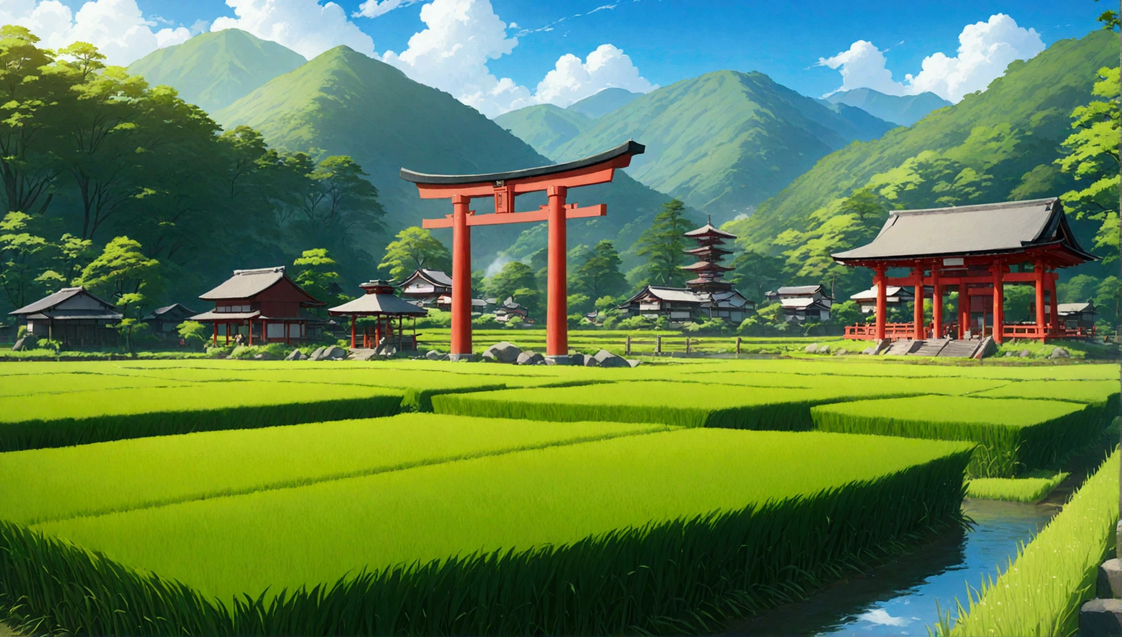 Japanese countryside,Paddy field,Azemichi,shrine,torii,Midsummer,sunny,Daytime,Highest quality, 8k, High resolution, masterpiece:1.2, Very detailed, Realistic:1.37, High resolution, 超High resolution, Very detailed, Professional, Vibrant colors