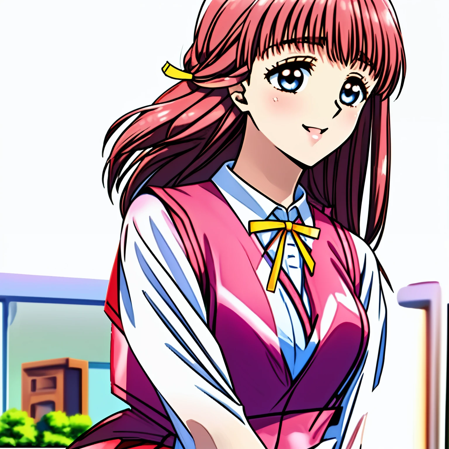 (highest quality, masterpiece:1.2), highest quality, High resolution, 1080P, 8k, (Very beautiful high-resolution anime CG drawn with very thin sharp lines: 1.5), (Sole Beautiful 15yo girl anime heroine, A very neat, very noble, pretty, pure girl is laughing and looking up cutely: 1.4), (beautiful smiling blue eyes with detailed: 1.5), (sharp thin lines: 1.5), (Glossy lips: 1.2), Evenly cut curled bangs, (Very beautiful and very super-long flowing pink long hair: 1.2), (Noble red gorgeous school vest uniform, red gorgeous pleated noble skirt, light-pink neat blouse: 1.8), (Yellow cute school ribbon on her chest), (Yellow hair ribbon clip: 1.0), (Giggling: 1.0), (Mouth is laughing and wide open as a game heroine: 1.0), (A beautiful body like a model), (long cute eyelashes: 1.4), (Tilting her head shyly: 1.2), (Too beautiful women, 1.6), (She is in fact succubi and calling me with strong religious temptation, drops me into craziness: 1.2), (We are looking her facial profile from the side: 1.5), (Strong wind flows her long beautiful hair: 1.2), (nothing but plain white background: 1.2)