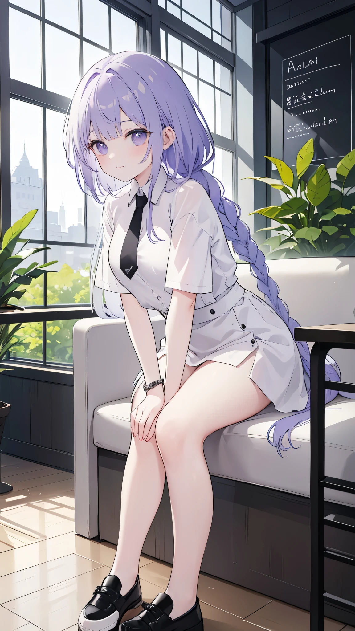Hair Color is Light pastel purple.
Hair Style is Medium-length hair with loose waves, tied into a side braid on the right. Small, star-shaped hairpins near the fringe on the left side.
Eyes is Large, expressive eyes with deep purple irises.
Expression is A friendly, warm smile with a hint of playfulness. Blush on the cheeks, adding a cute and youthful appearance.
Other Features are Slightly pointed chin, smooth and flawless skin.
Top is White, short-sleeved crop top with a high collar and a black corset-style design around the waist.
Bottom is High-waisted, wide-leg cargo pants in a matching white color.
Accessories are Several silver bracelets on both wrists. A thin, black necktie that adds a casual yet stylish touch to the outfit.
Shoes is Chunky, white platform sneakers.
Scene is Inside a modern cafe with large glass windows showing a scenic view of a flower field and hills. The cafe has wooden floors, plants climbing the walls, and a blackboard menu near the entrance.
The character should appear friendly and approachable, with a sense of style that is modern and trendy.