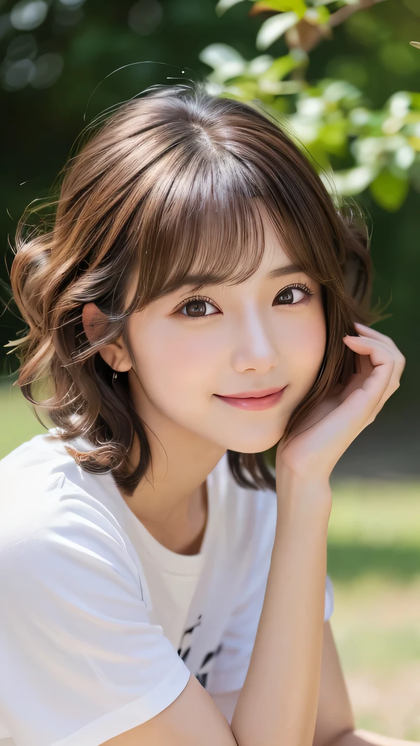 (Highest quality,8K quality,masterpiece:1.3,),(Ultra-high resolution:1.3,Photorealistic:1.4,RAW Photos:1.2),(Ultra-detailed:1.2,Glowing Skin,Detailed skin:1.1),(Detailed face,Perfect Anatomy,Caustics:1.2),Park lawn,Sleep on your back,1 girl,cute,Japanese,22 years old,Japanese Ido,Natural brown hair,Curl short hair outward,cute目,Natural Makeup,Oversized T-shirt,Laughter,Looking into the camera,On the face,Face Focus,Professional Lighting,Natural soft light,