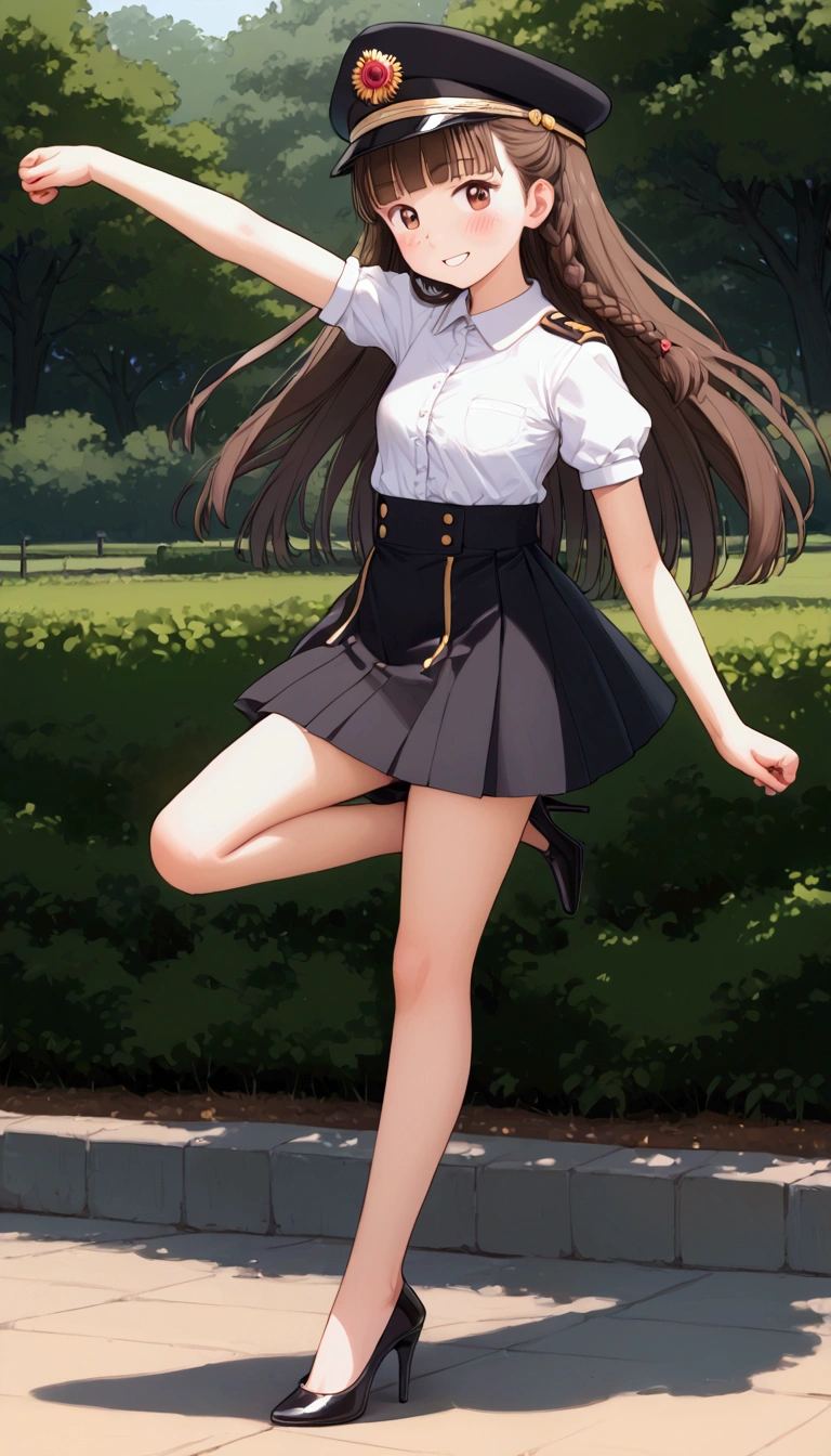 {Highest quality}, {Super beautiful},{Ultra fine},{Best illustration},Brown Hair,Hime cut,long hair,Braid,One woman,Standing Woman,Strike a pose,smile,smilingly,Uniform cap,White Shirt,Short sleeve,Long black skirt,at the park,Blushing,Slender,Black stiletto heels,barefoot,Stand with your legs together,from the front,Bend one leg