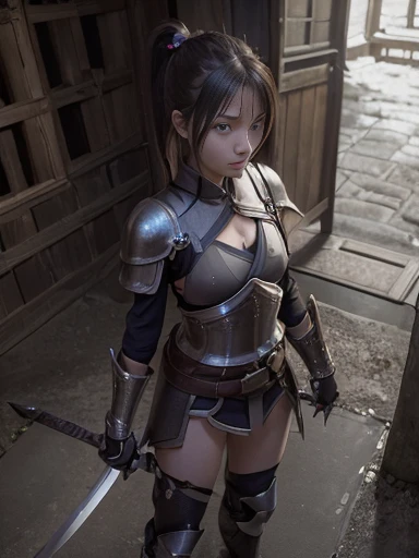 Japanese female, (underweight), (flat chest best quality:1.5),
(dungeon), sword fighting, ponytail, (metal armor:1.3), with a sword, Scene of Tension, (dark atmosphere), (in a dark and gloomy world), full body shot, birds-eye view, (bloom:1.3)