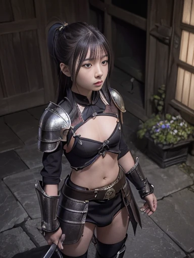 Japanese female, (underweight), (flat chest best quality:1.5),
(dungeon), sword fighting, ponytail, (metal armor:1.3), with a sword, Scene of Tension, (dark atmosphere), (in a dark and gloomy world), full body shot, birds-eye view, (bloom:1.3)