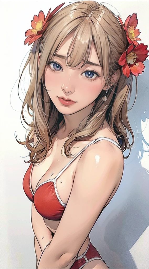 A rough sketch drawn with watercolors、Shows a highly detailed portrait of a head with flowers in hair。, girl in the night beach,Very Beautiful Eyes, Beautiful Eyes, Perfectly centered image, White space around drawings, Focus on the face line, Dripping watercolor, Ink outline,  32K resolution, Best Quality, Like a doll,Full body portrait,Swimwear,Red Bikini,Blushing,Blonde, Shortcuts, 