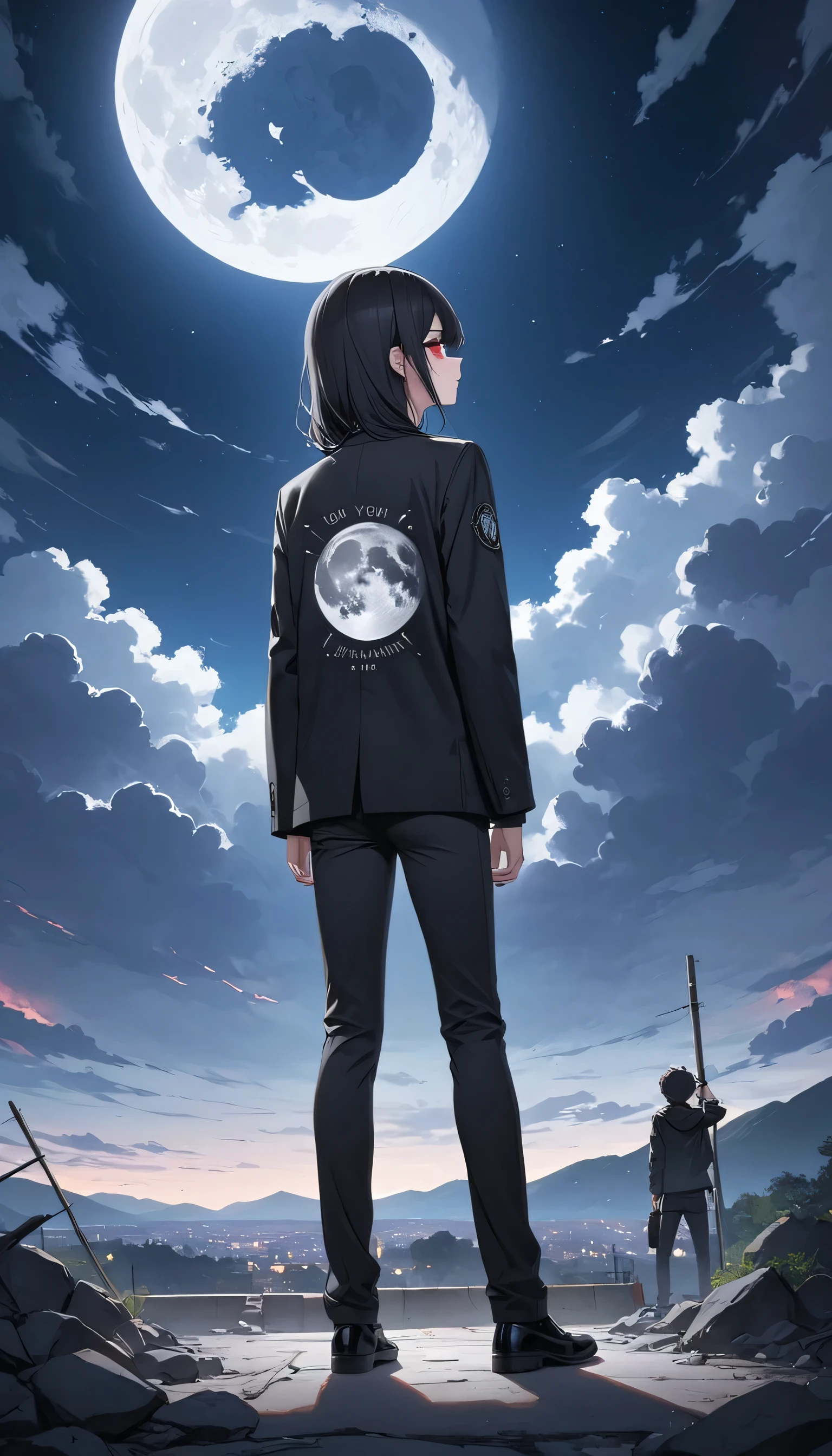 A ager,Look up at the moon,Back,Wearing a black jacket,Black pants,Black shoes,Black hair,Cover half of your eyes,Red left eye,Right eye gray